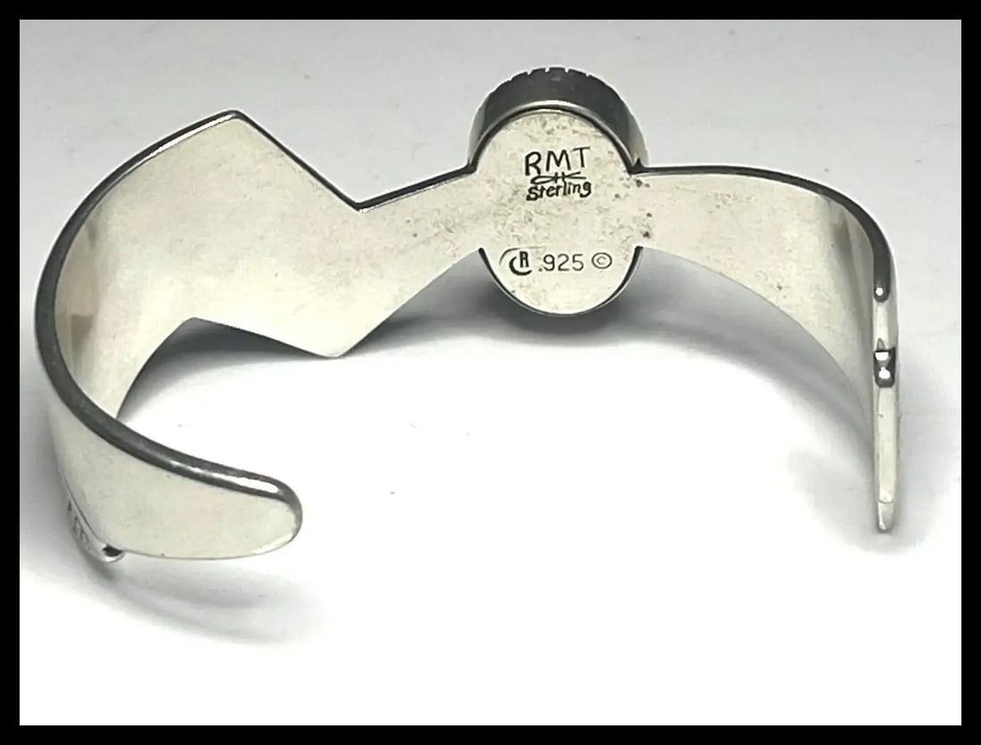 Estate RMT Sterling Silver Turquoise Mosaic Inlay Cuff Bracelet - 4