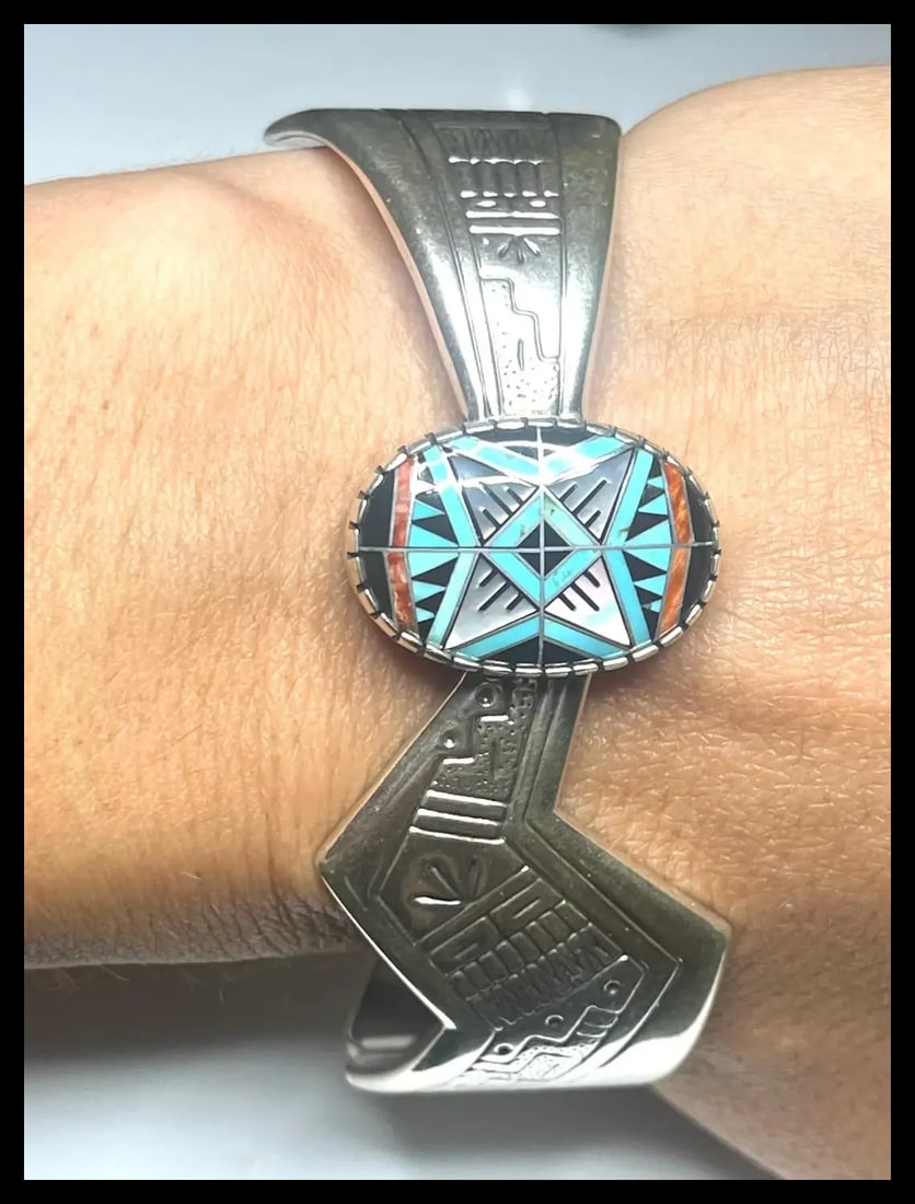 Estate RMT Sterling Silver Turquoise Mosaic Inlay Cuff Bracelet - 7