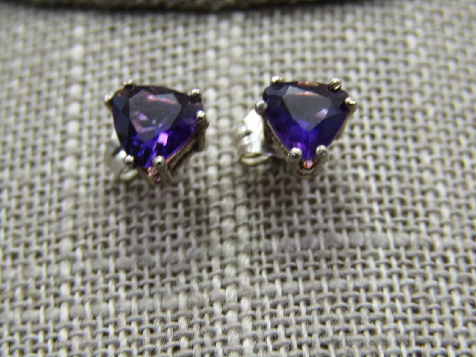 Sterling Silver Trilliant Amethyst Earrings, Pierced Studs - 2