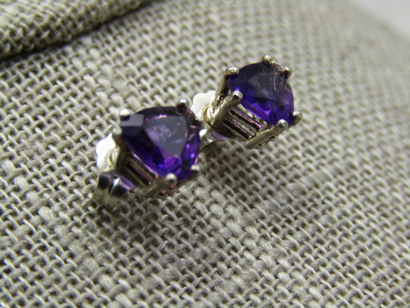 Sterling Silver Trilliant Amethyst Earrings, Pierced Studs - 3