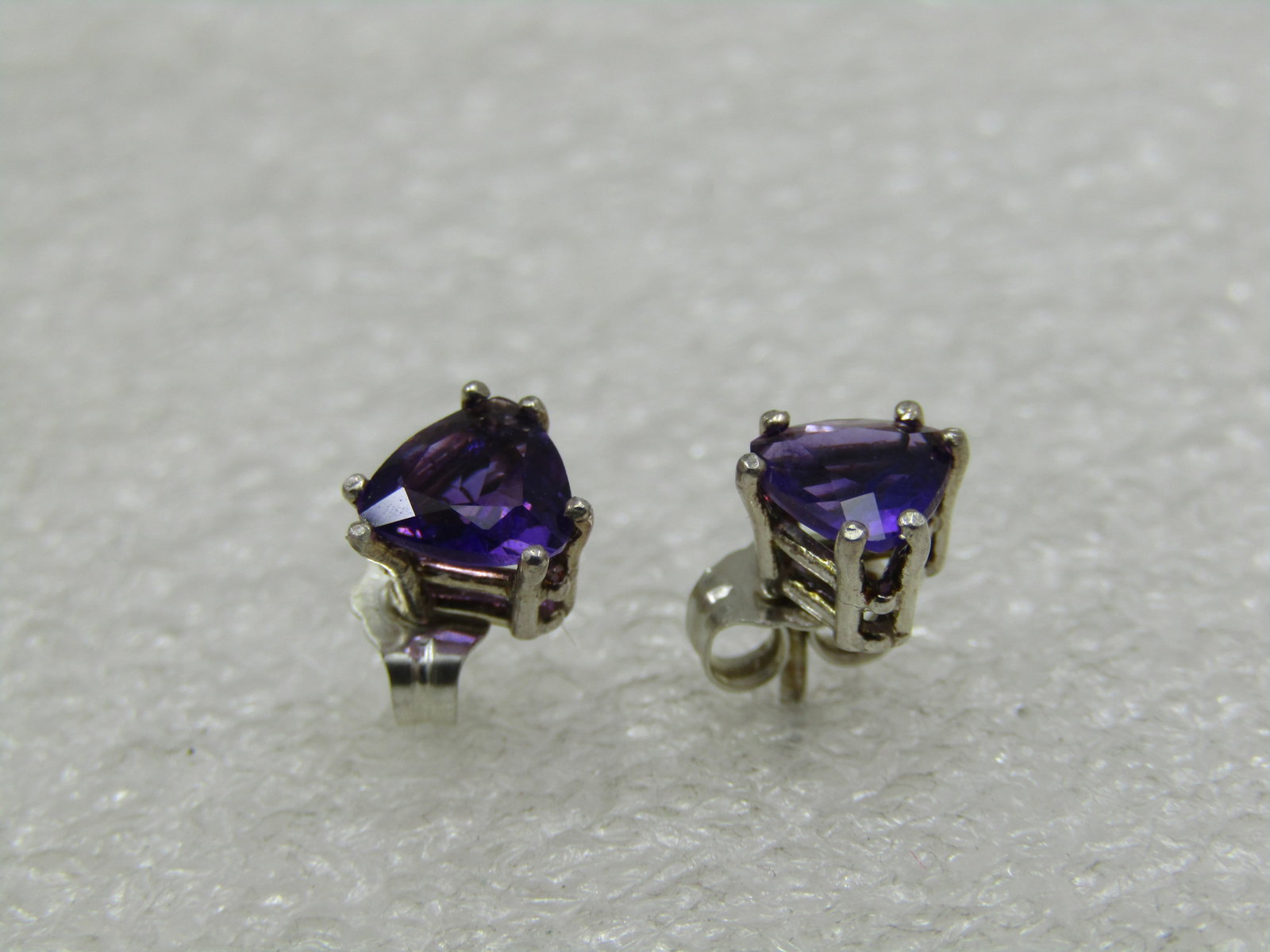 Sterling Silver Trilliant Amethyst Earrings, Pierced Studs - 5