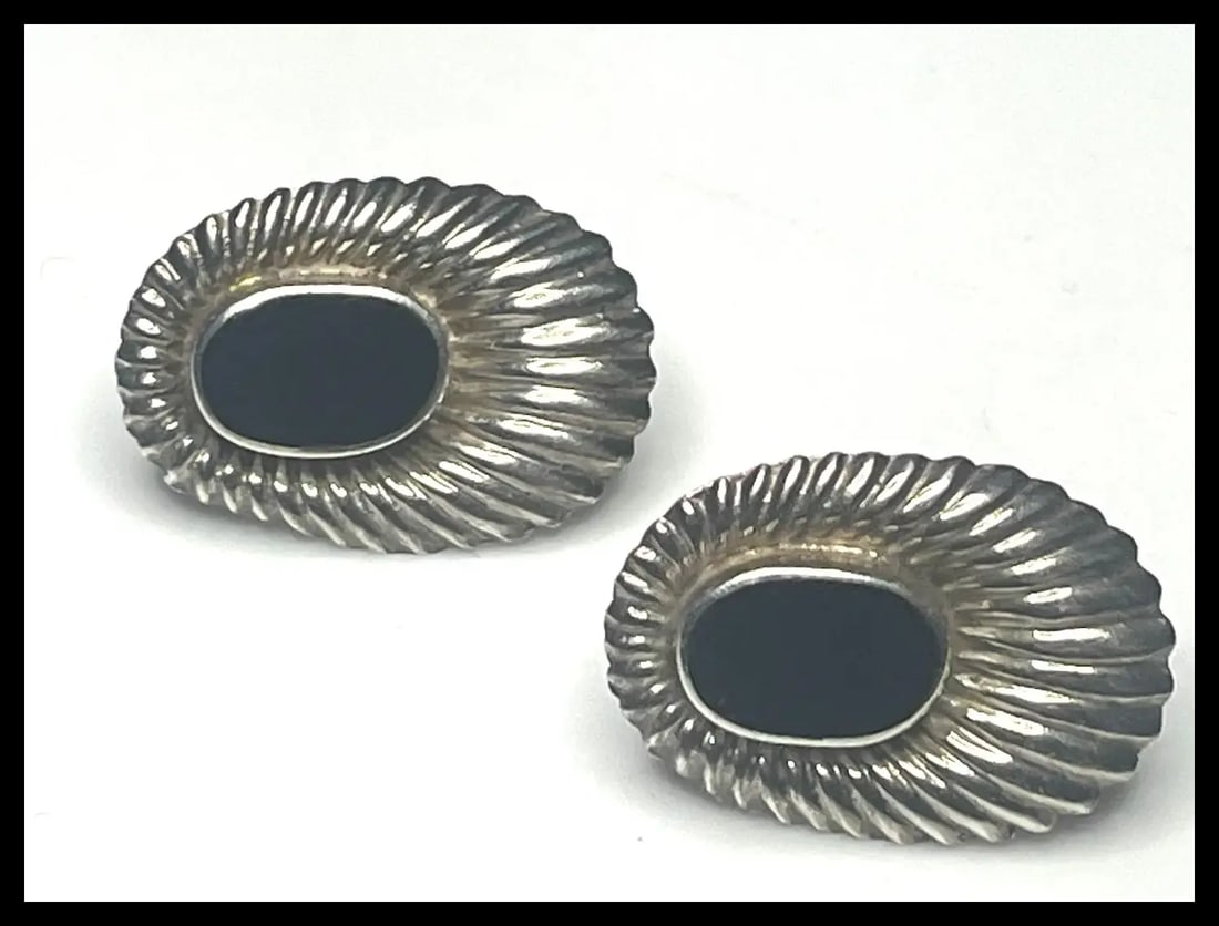 Estate Native American Sterling silver and Black Onyx Oval Earrings - 2