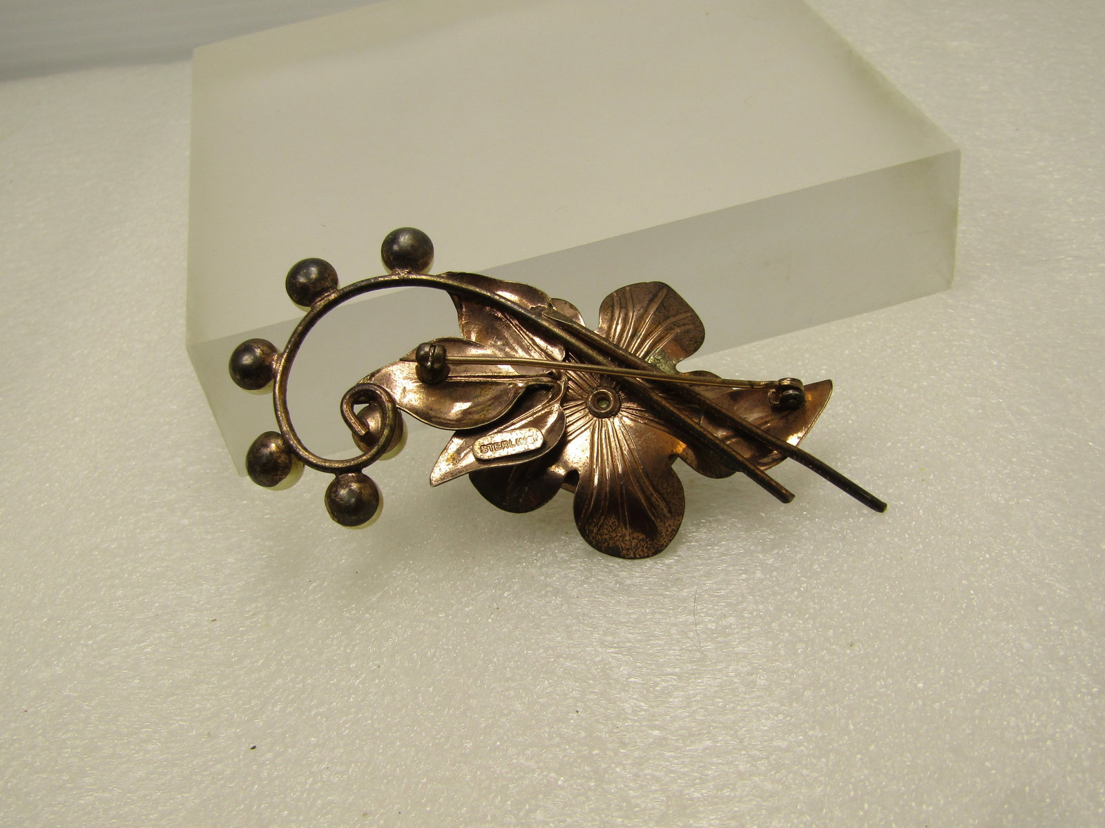 Vintage 1940's Faux Pearl Sterling Floral Brooch 3.25" tall and 1.5" wide - 5