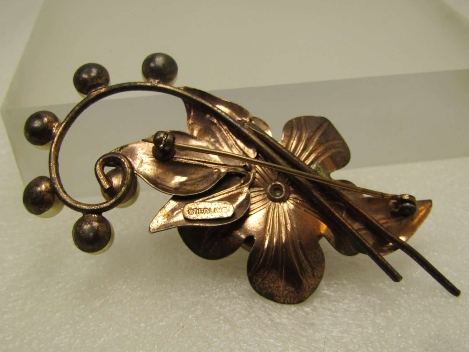 Vintage 1940's Faux Pearl Sterling Floral Brooch 3.25" tall and 1.5" wide - 6