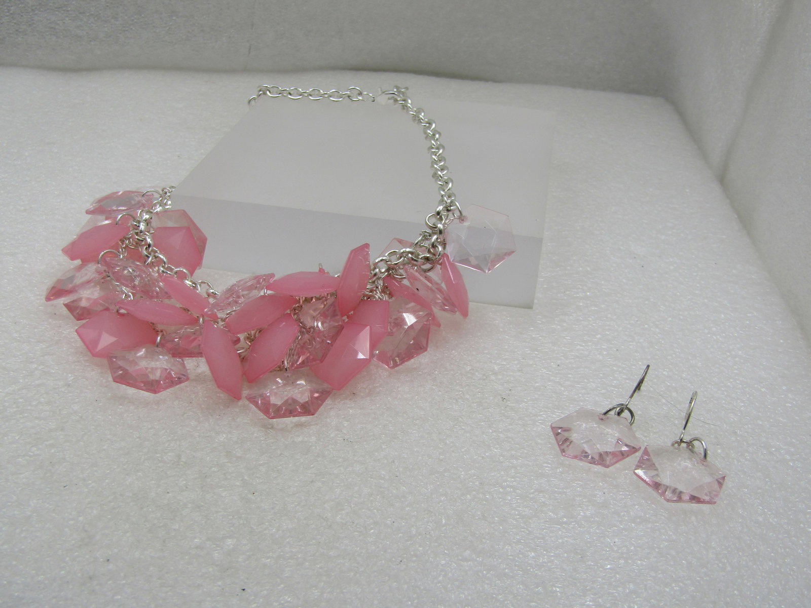 Vintage Pink Dangle Bib Necklace & Earrings Set, Pierced, 1980's-1990's - 5