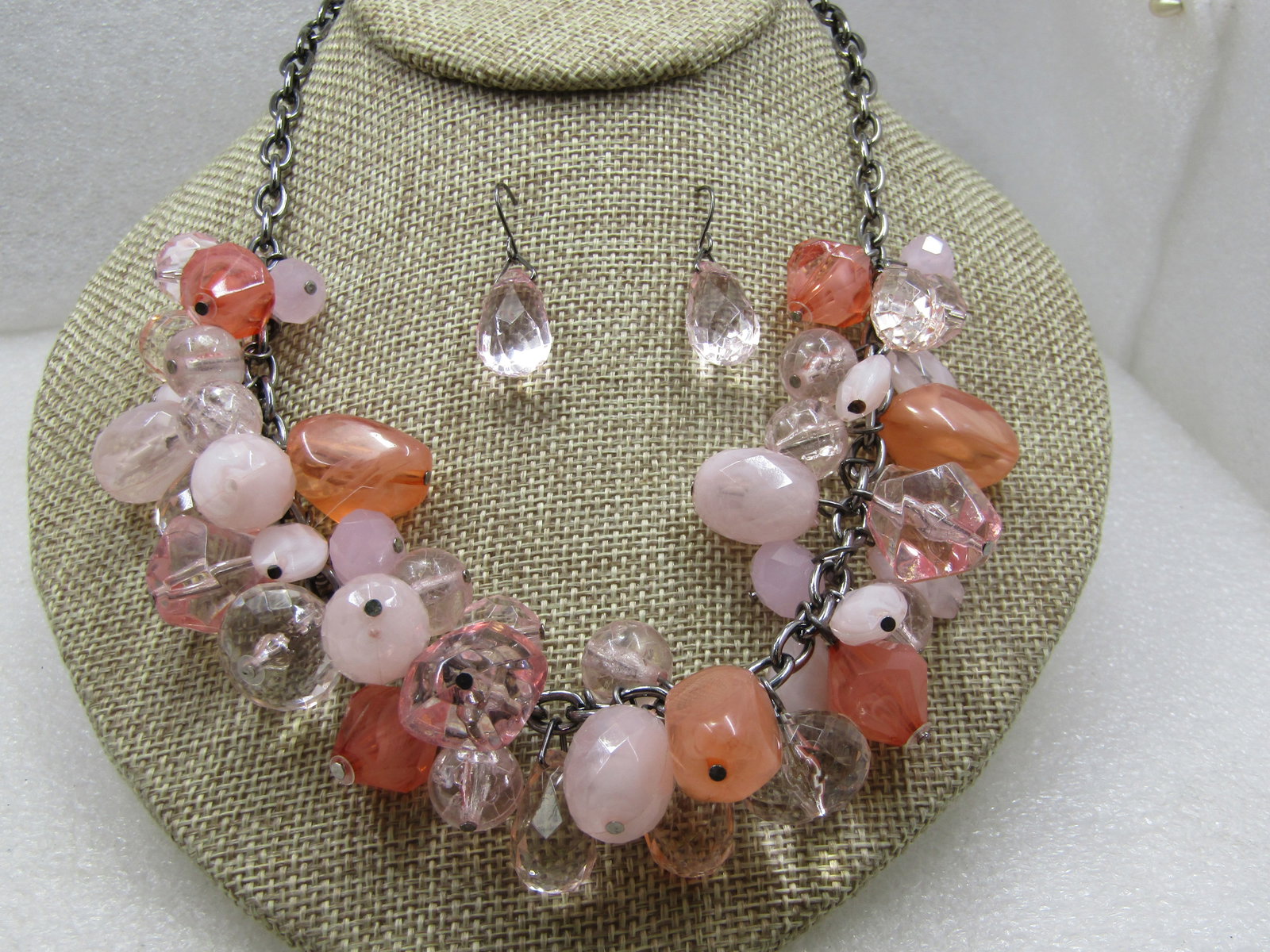 Vintage Pink & Clear Dangle Drop Necklace & Earrings Set, Pierced, 1980's-1990's - 2