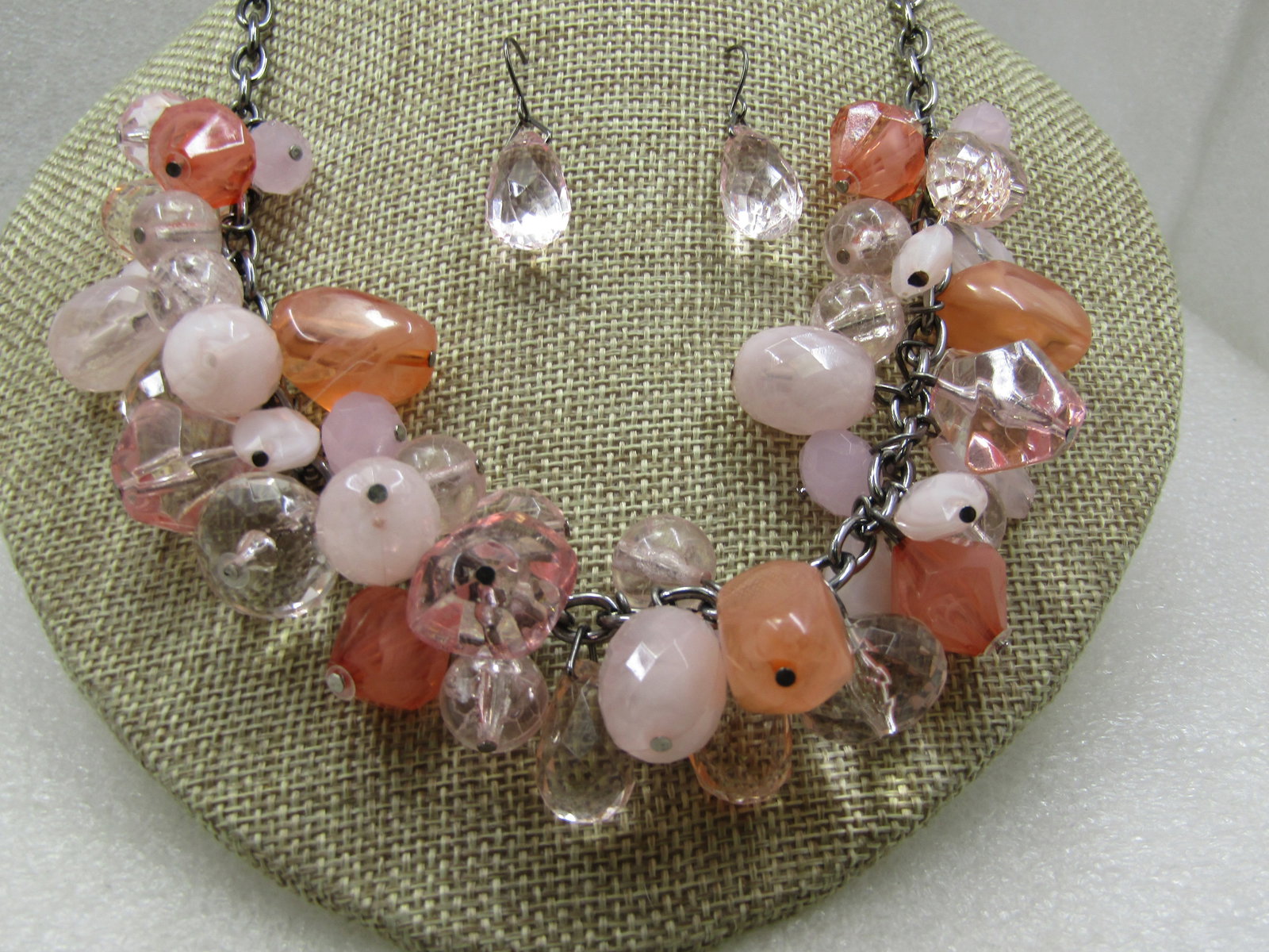 Vintage Pink & Clear Dangle Drop Necklace & Earrings Set, Pierced, 1980's-1990's - 3