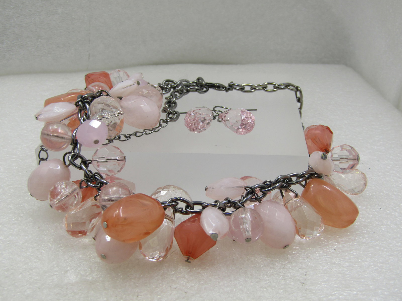 Vintage Pink & Clear Dangle Drop Necklace & Earrings Set, Pierced, 1980's-1990's - 5