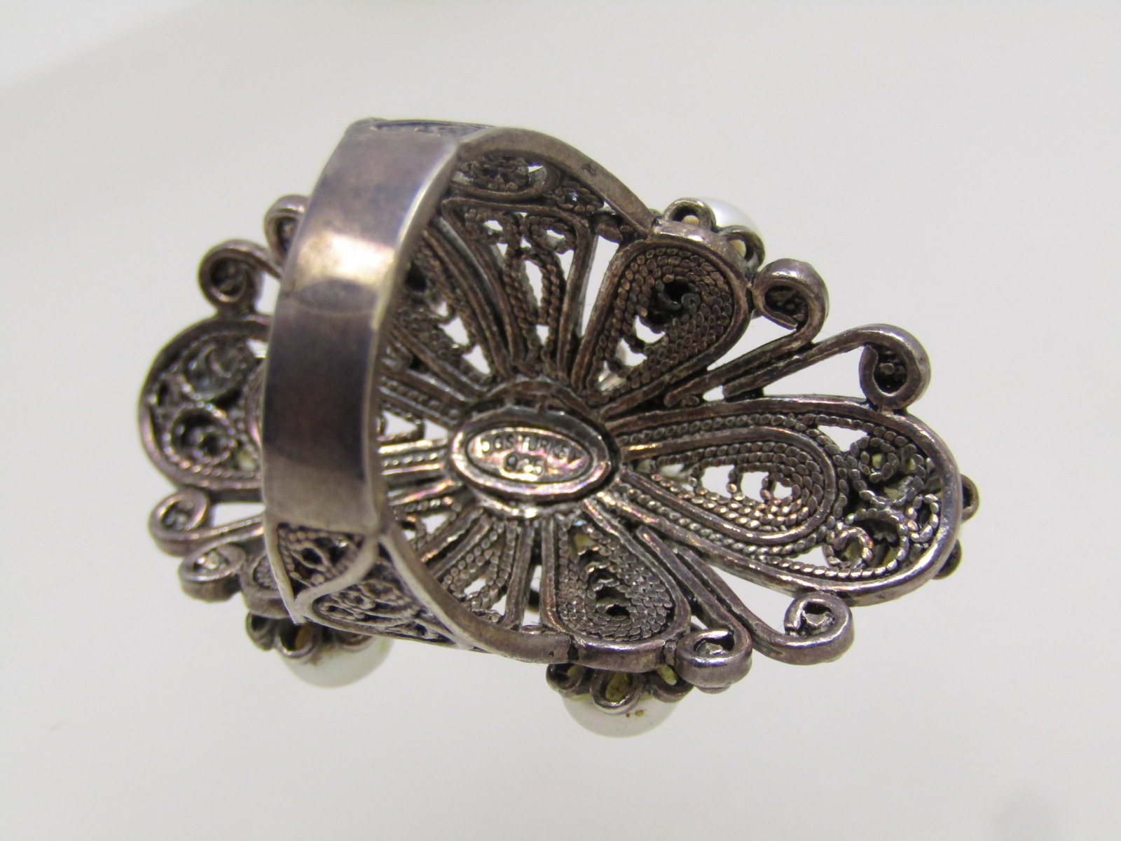 Sterling Filigree Cultured Pearl Ring, Sz. 7, Signed DGS, Turkey 1990's - 3