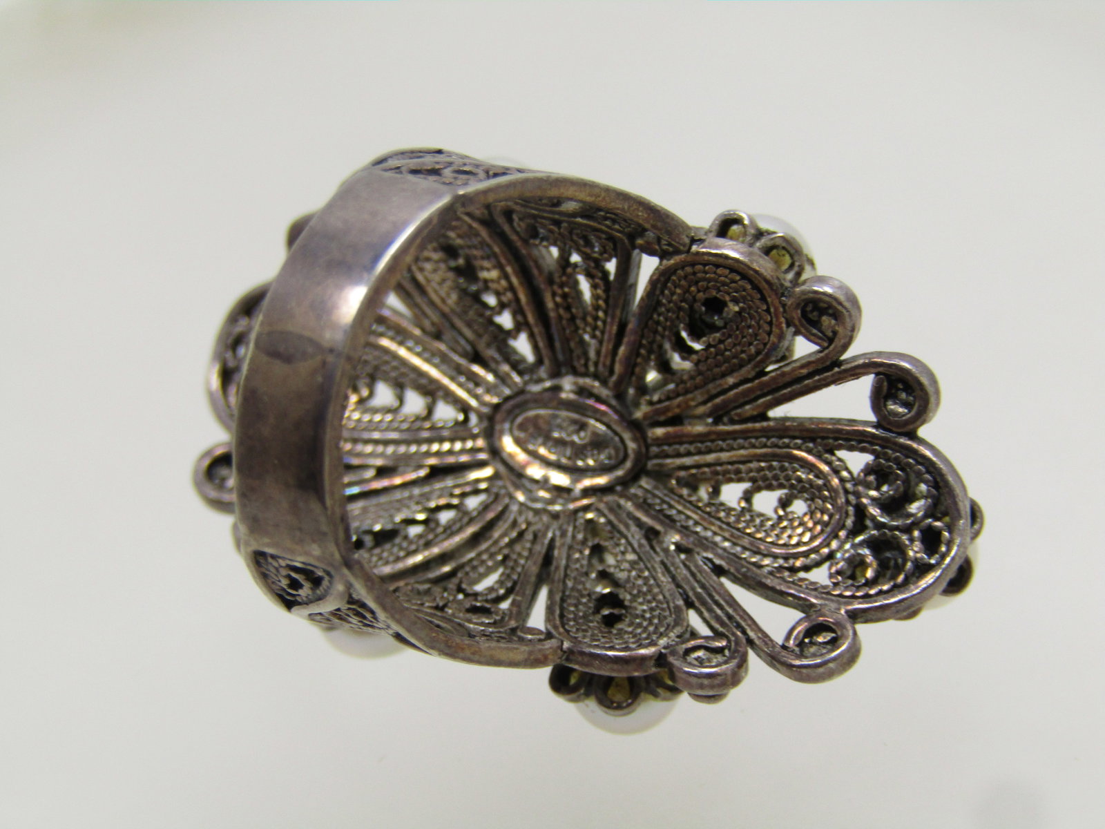 Sterling Filigree Cultured Pearl Ring, Sz. 7, Signed DGS, Turkey 1990's - 4