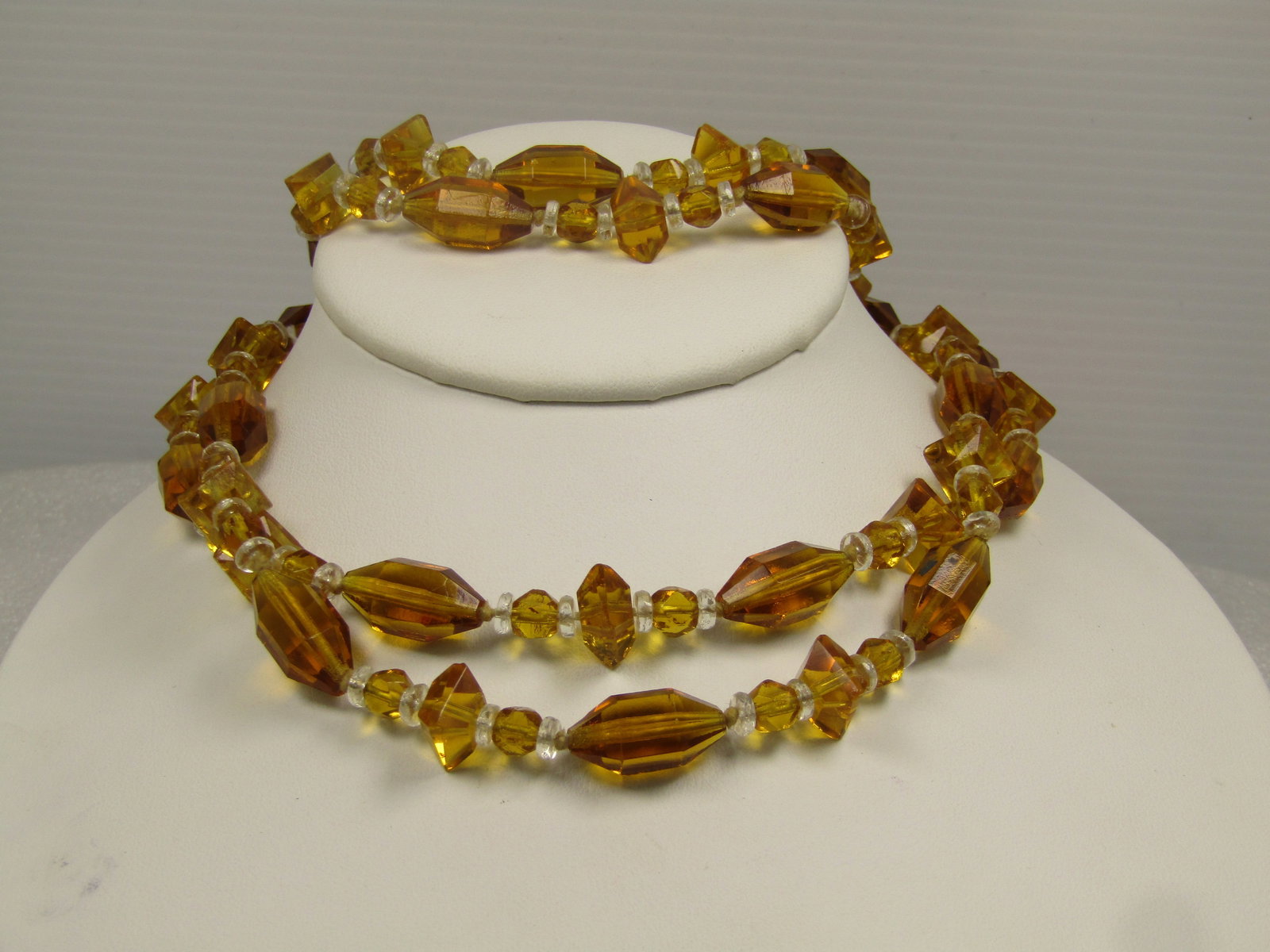 Vintage Amber & Clear Glass Beaded Necklce, 48", 1930's-1940's Knotted Between Beads - 2