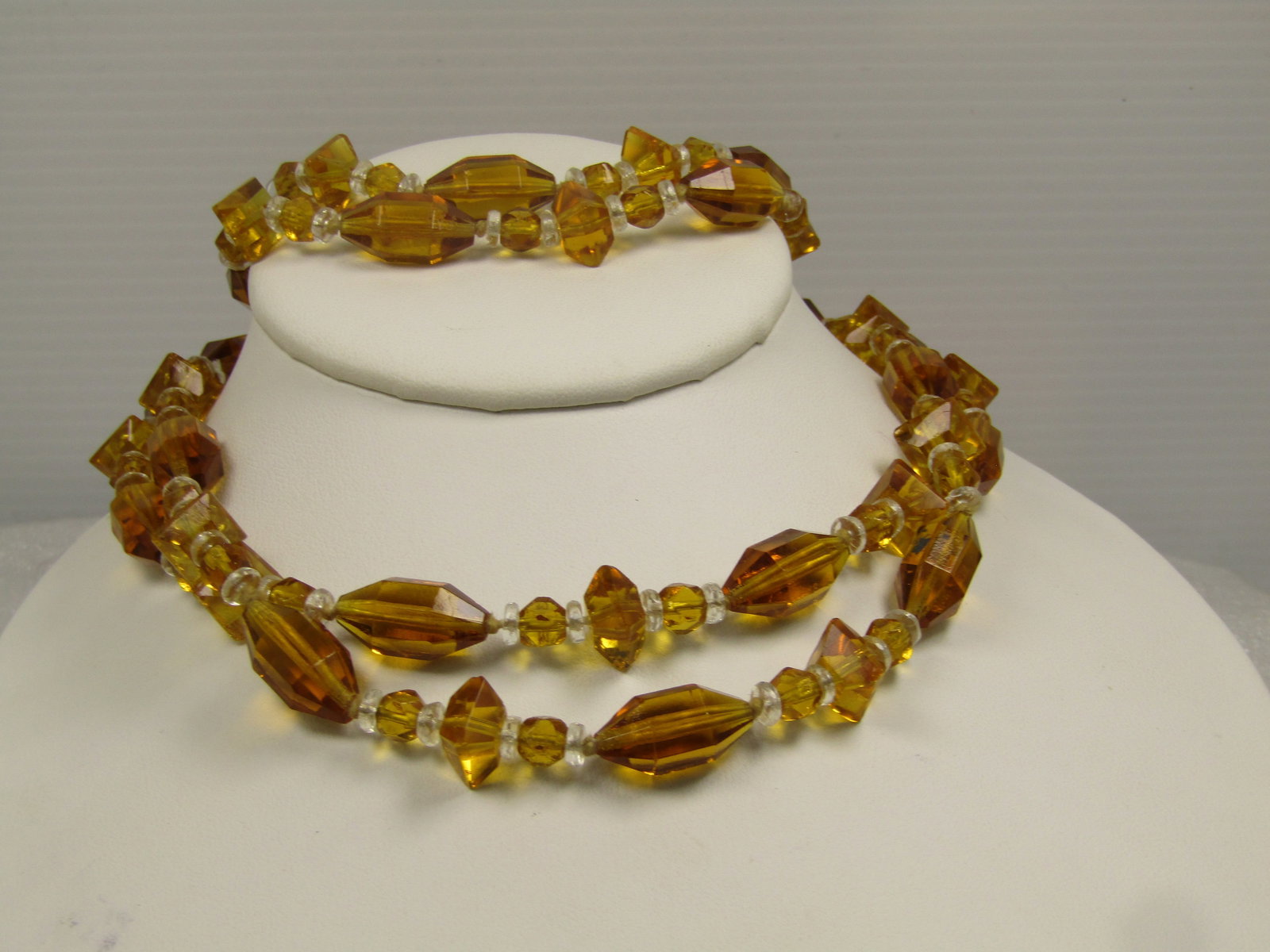 Vintage Amber & Clear Glass Beaded Necklce, 48", 1930's-1940's Knotted Between Beads - 3