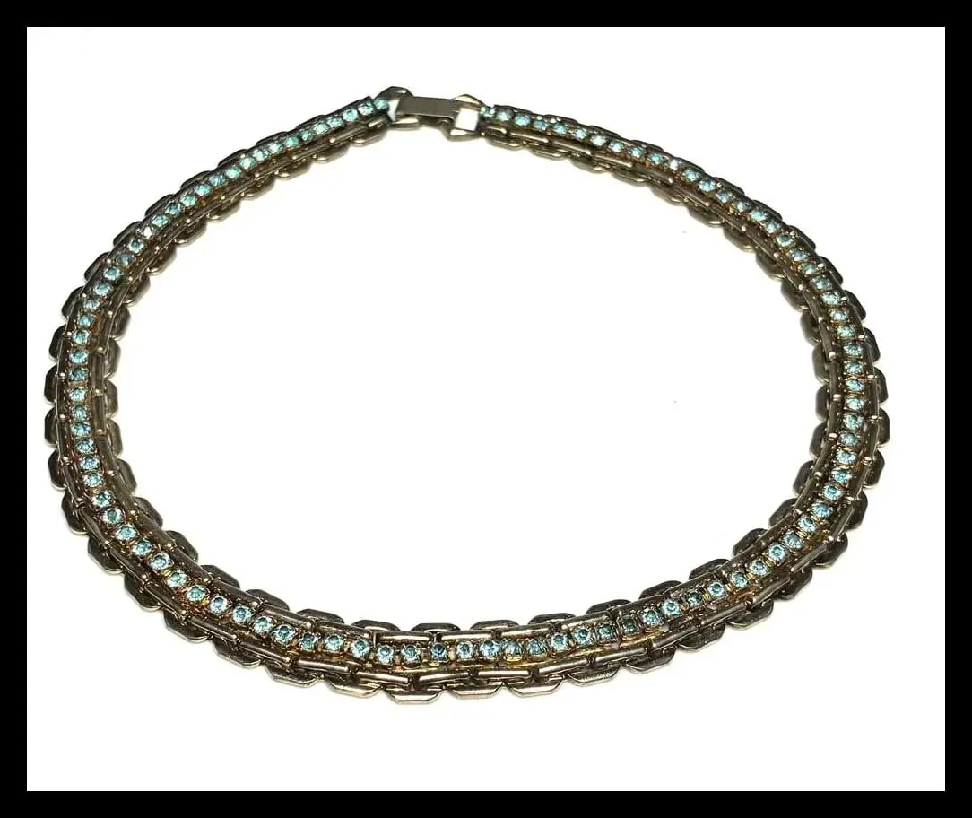 Vintage Heavy Chain and Blue Rhinestone Statement Necklace - 2