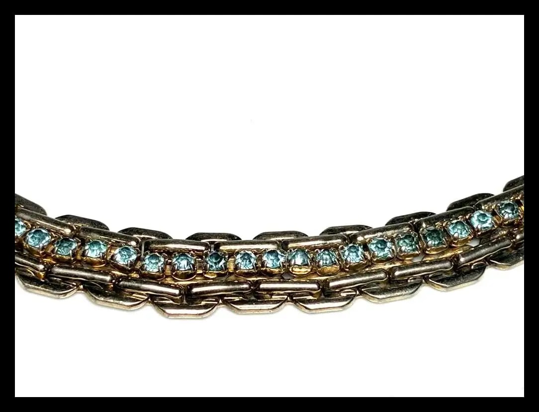 Vintage Heavy Chain and Blue Rhinestone Statement Necklace - 4