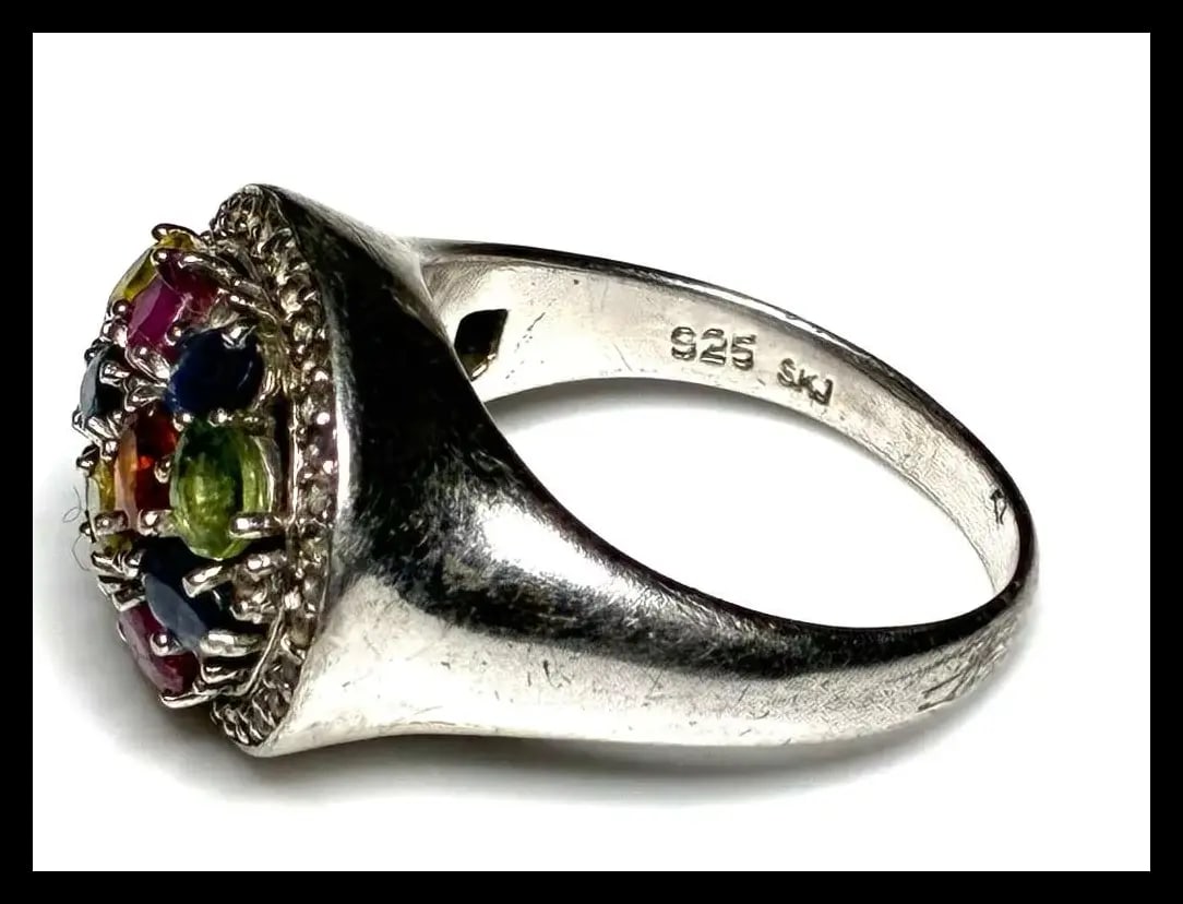 Estate Sterling Silver Multi Color Tourmaline Cluster Statement Ring - 5