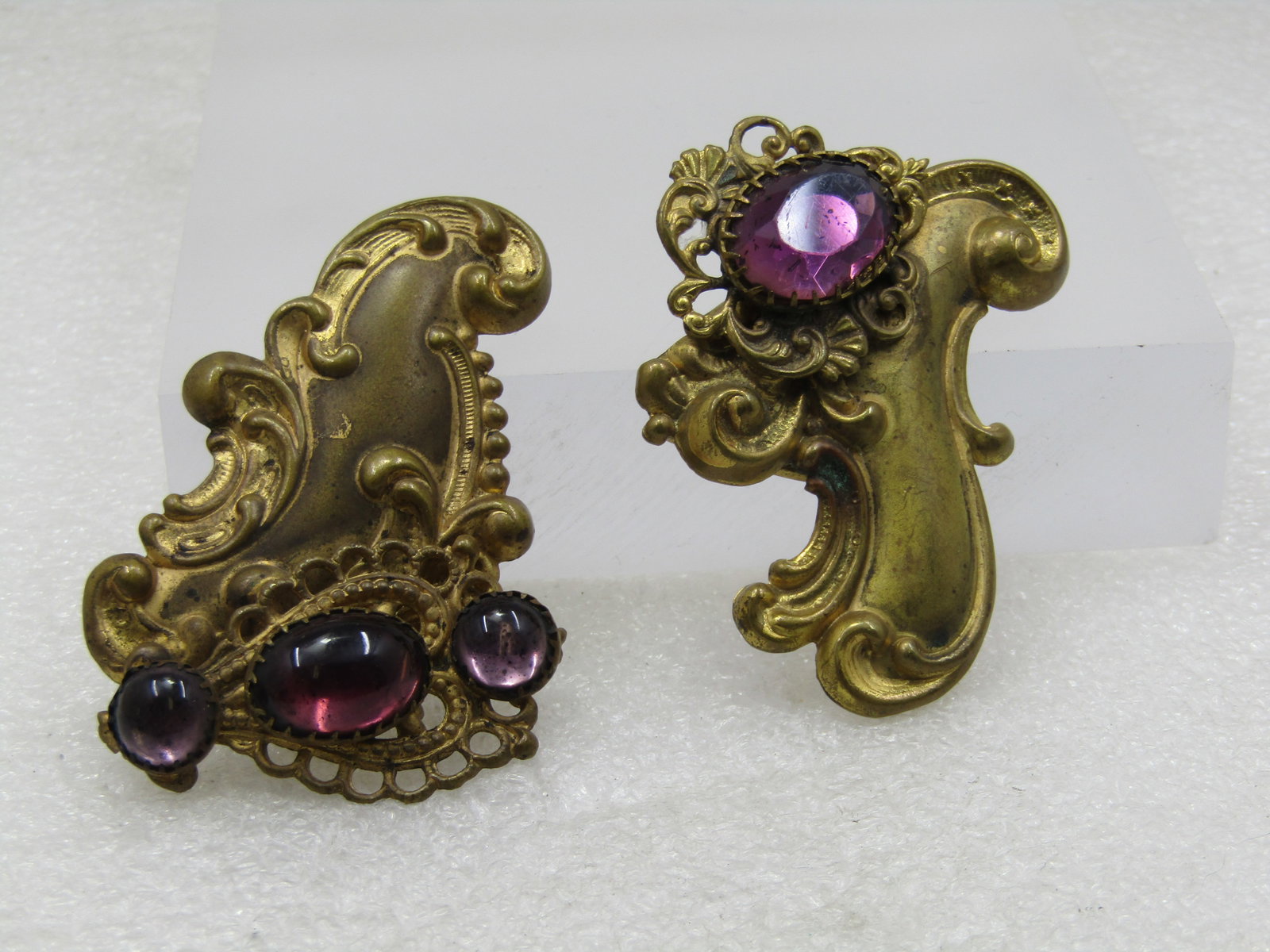 Victorian Buckle Pieces, Purple Glass & Brass, Scrolled, 1800's, 1" Belt - 2