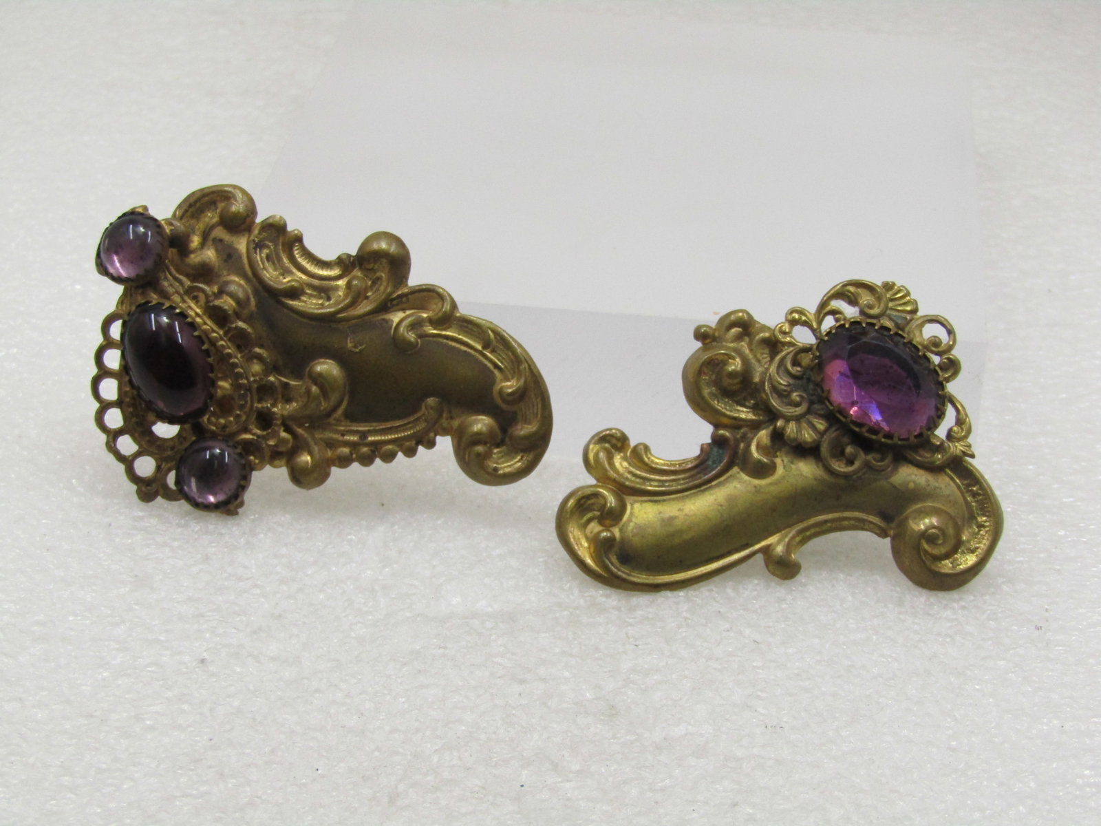 Victorian Buckle Pieces, Purple Glass & Brass, Scrolled, 1800's, 1" Belt - 3