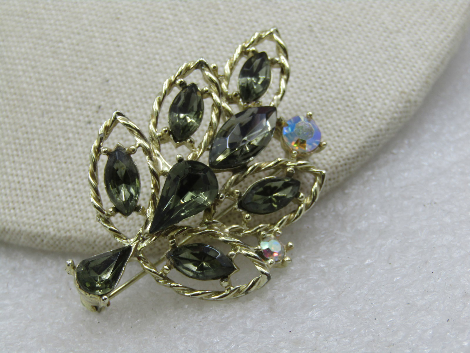 Vintage Mossy Green Rhinestone Leaf Brooch, AB, 1960's - 2