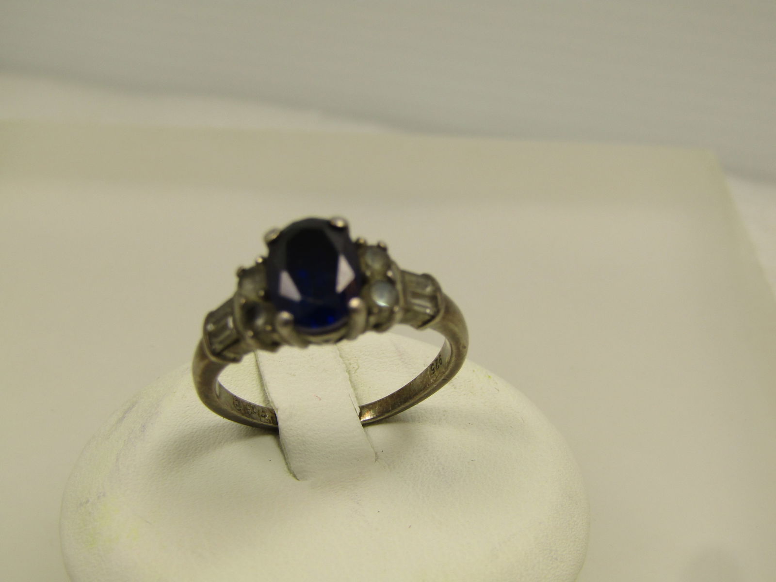 Vintage Sterling Lab Blue Sapphire Ring, White Topaz Stones, Sz. 7, 1970's-1980's - 2