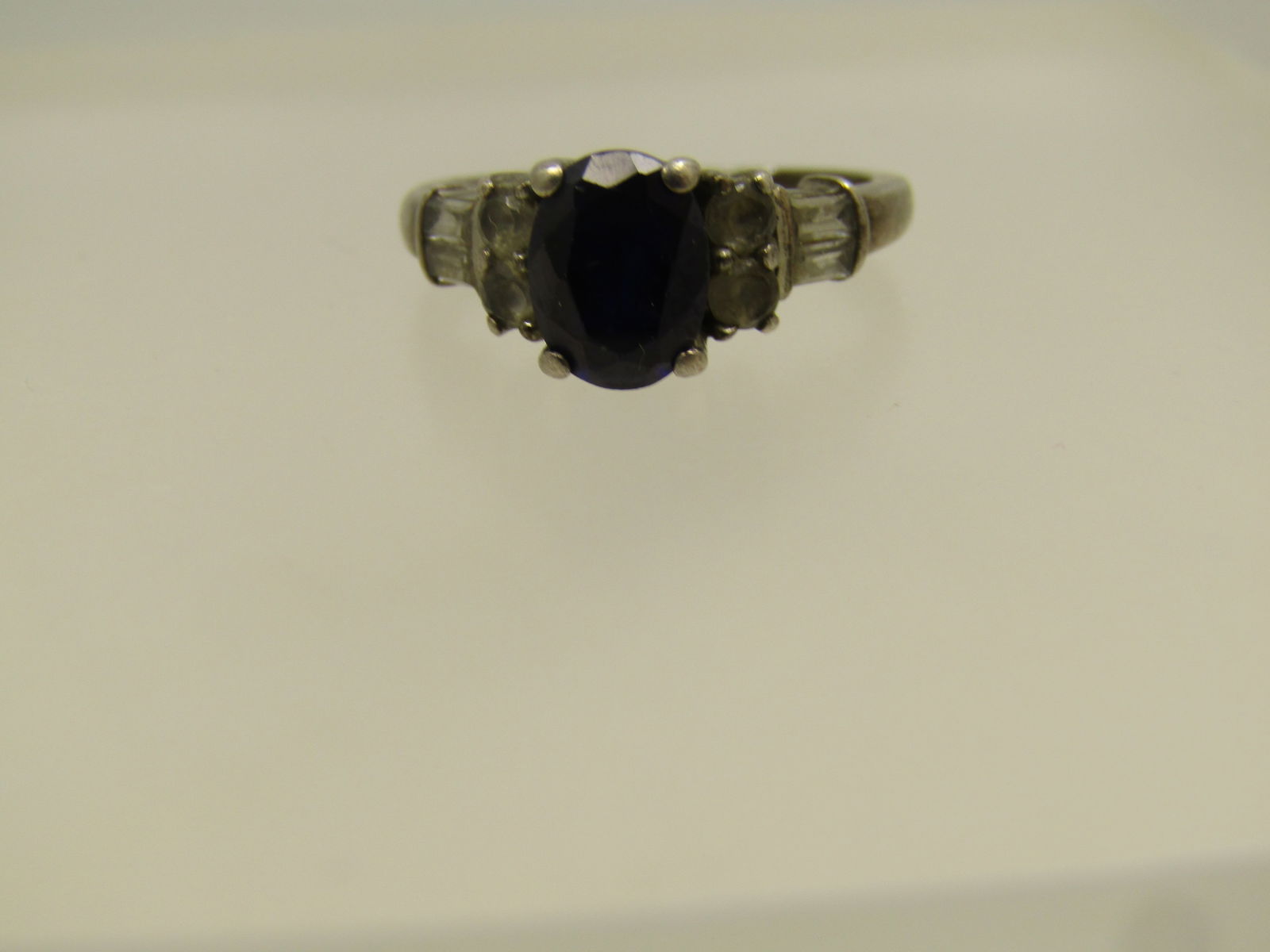 Vintage Sterling Lab Blue Sapphire Ring, White Topaz Stones, Sz. 7, 1970's-1980's - 3