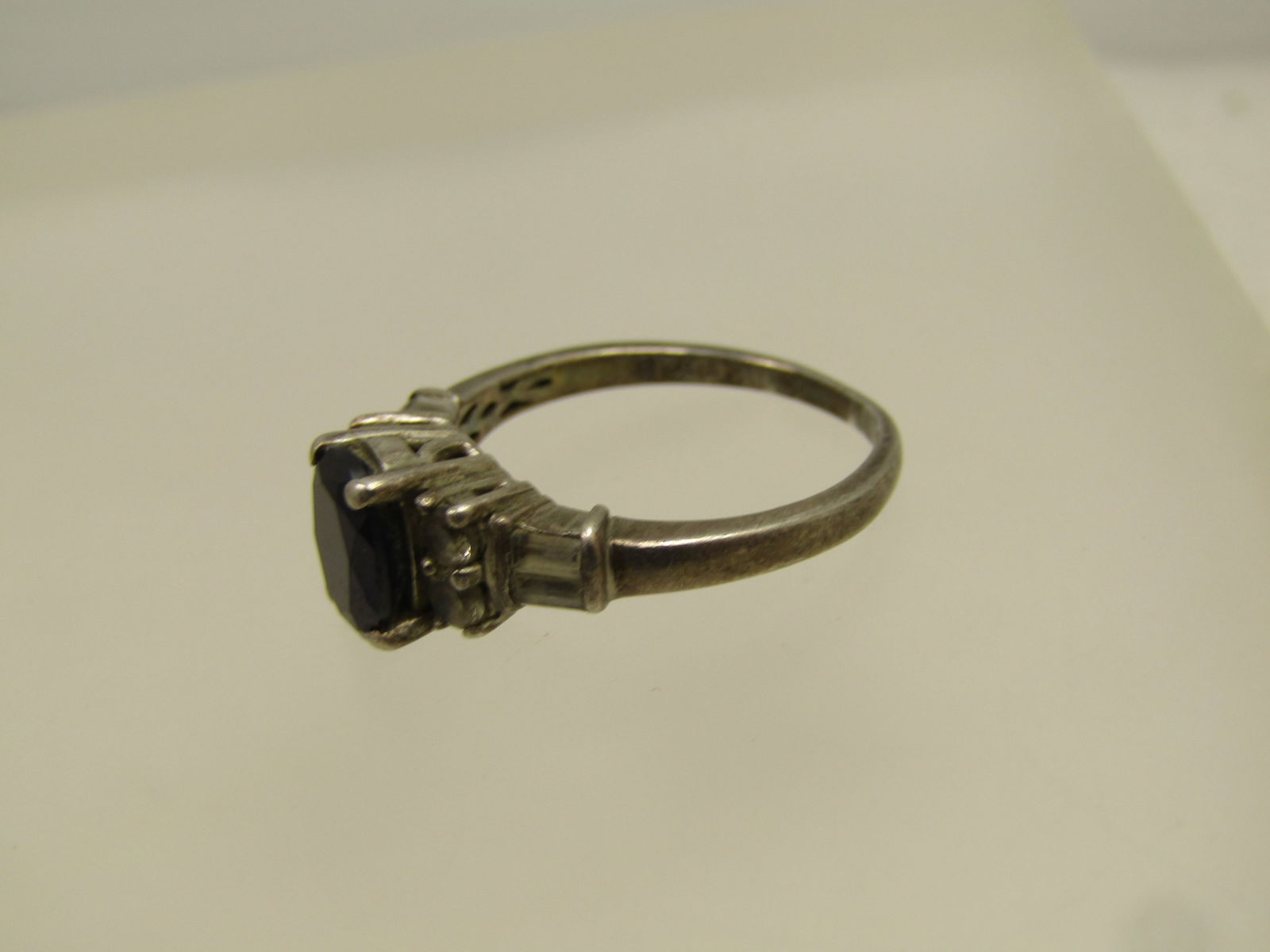 Vintage Sterling Lab Blue Sapphire Ring, White Topaz Stones, Sz. 7, 1970's-1980's - 4