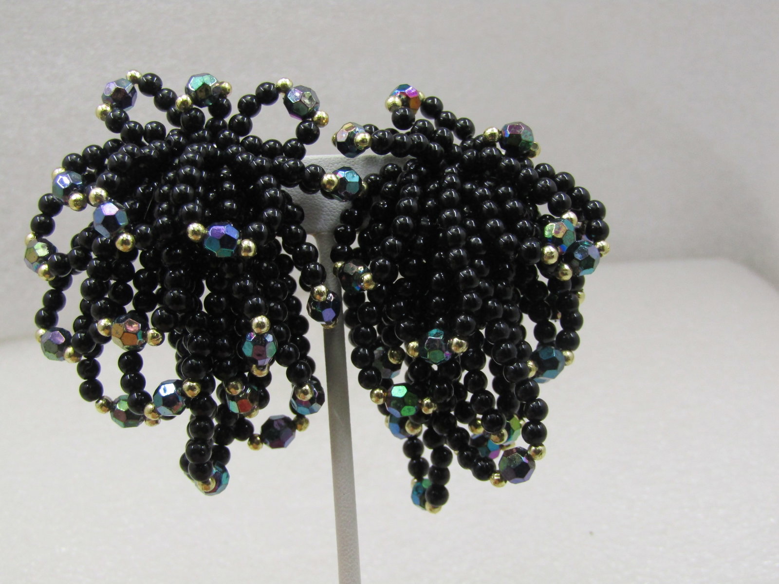 Vintage Black Beaded & Gold Beaded Multi-Looped Earrings, Clip, 1980's,: Vintage Black Beaded & Gold Beaded Multi-Looped Earrings, Clip, 1980's, These have gold accent beads and mostly round plastic beads that are appx. 4mm round with faceted aurora borealis 5mm aurora bor