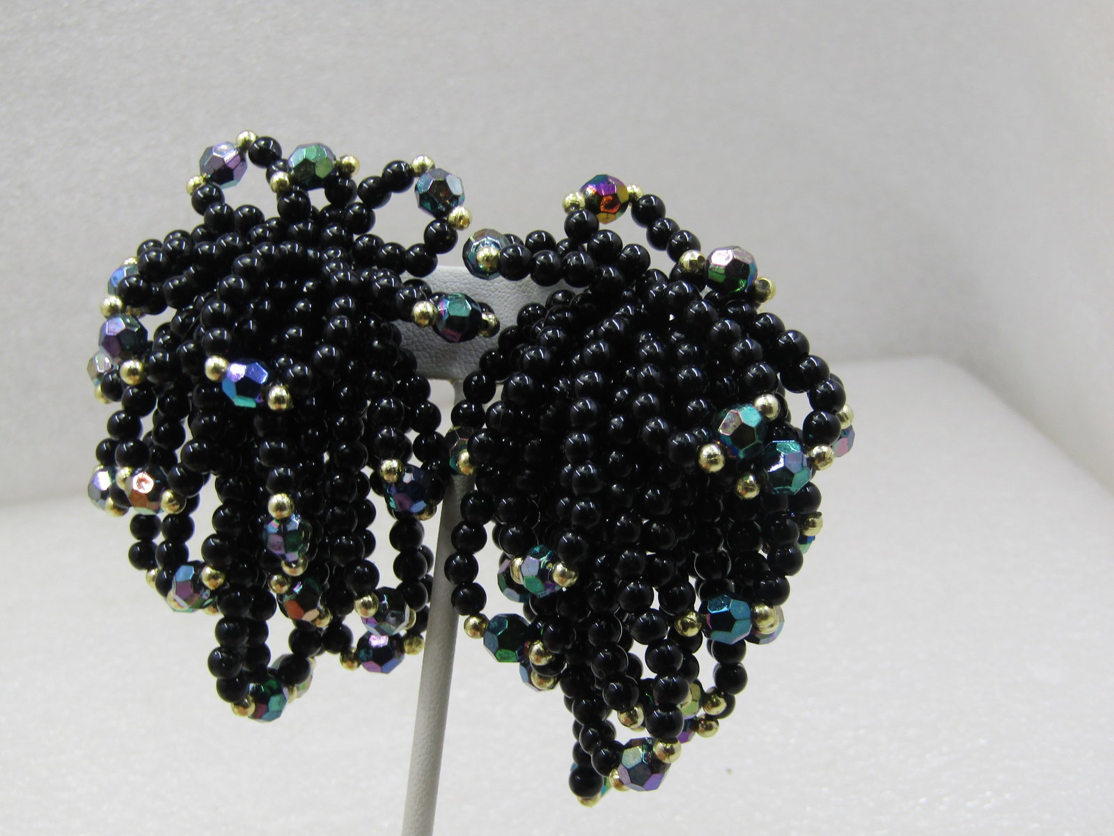 Vintage Black Beaded & Gold Beaded Multi-Looped Earrings, Clip, 1980's, - 3