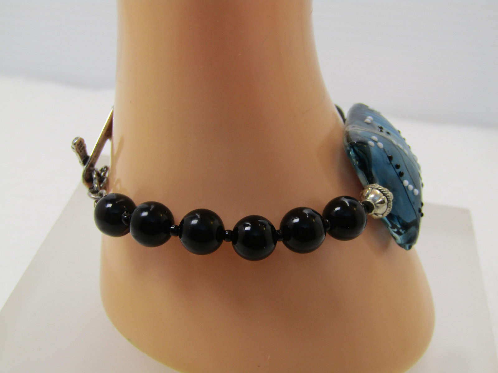 Sterling Blue/Black Art Glass Bracelet, Signed Joshua Benbassat (JBB), Floral Toggle Clasp, 7.5", - 4