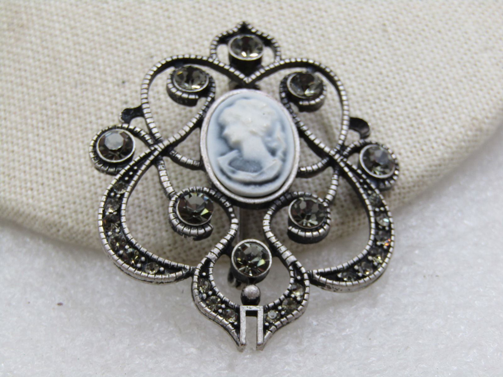 Vintage Rhinestone & Cameo Scrolled Brooch, 2.25" - 2