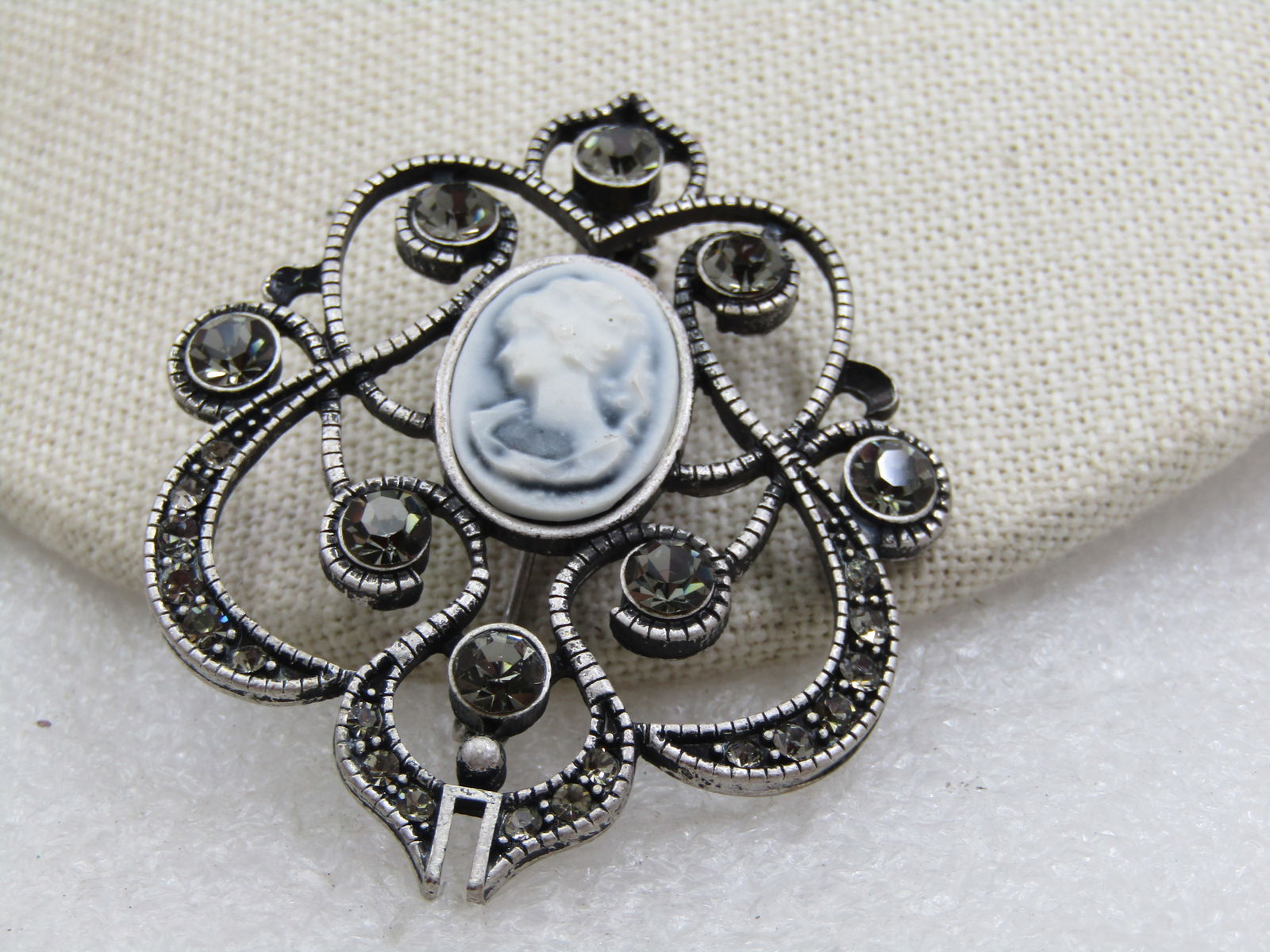 Vintage Rhinestone & Cameo Scrolled Brooch, 2.25" - 3