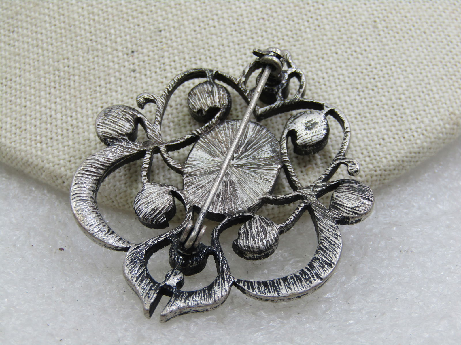 Vintage Rhinestone & Cameo Scrolled Brooch, 2.25" - 4