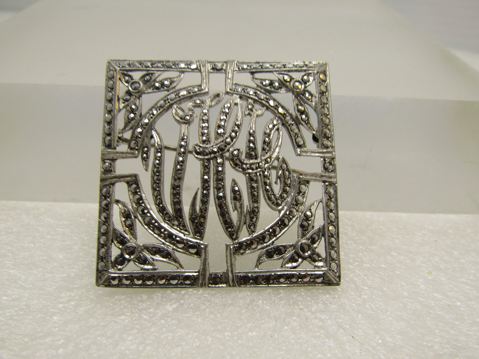 Vintage Sterling VHH Initial Marcasite Brooch, Signed G, Art Deco: Vintage Sterling VHH Initial Marcasite Brooch, Signed G, Art Deco. This is a square brooch that is appx. 1.5" with a domed round center giving the brooch a look of four decorative corners with a bloss