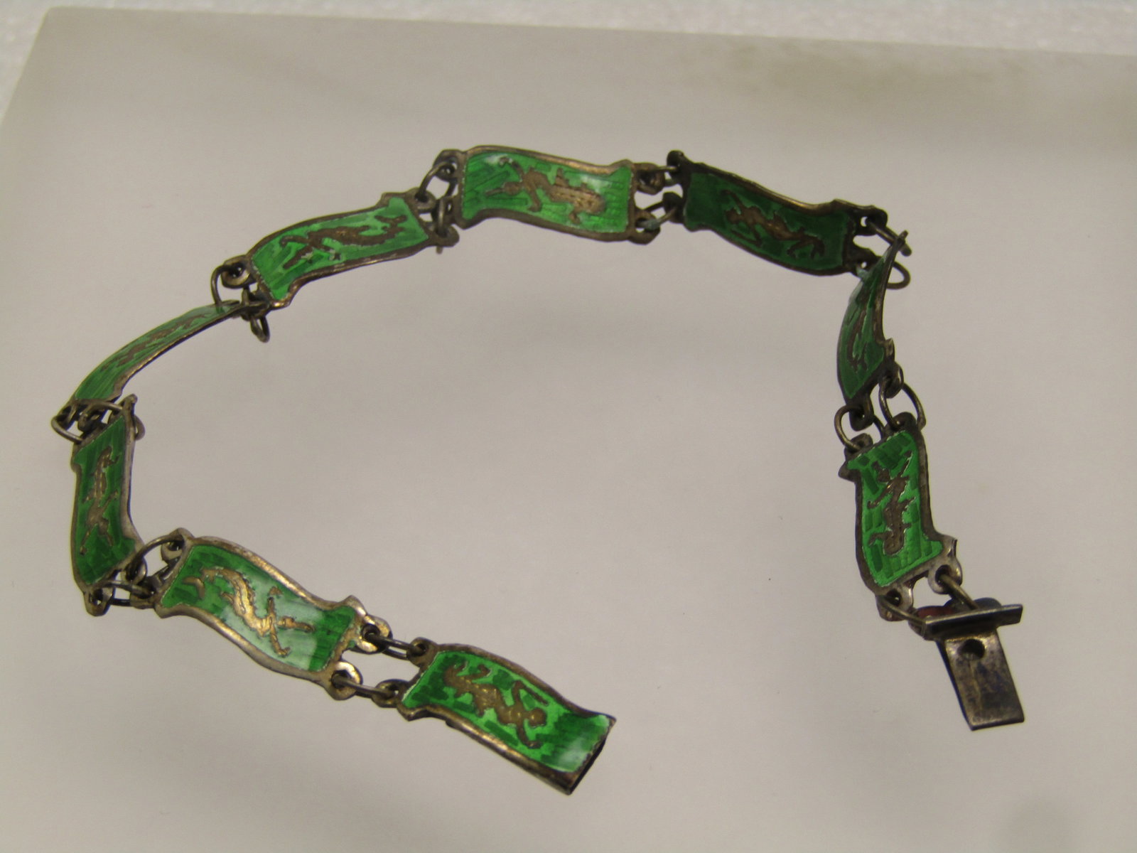 Vintage Sterling Siam Goddess Bracelet, Green Enameled Links, 7.25" 1930's-1960's - 3