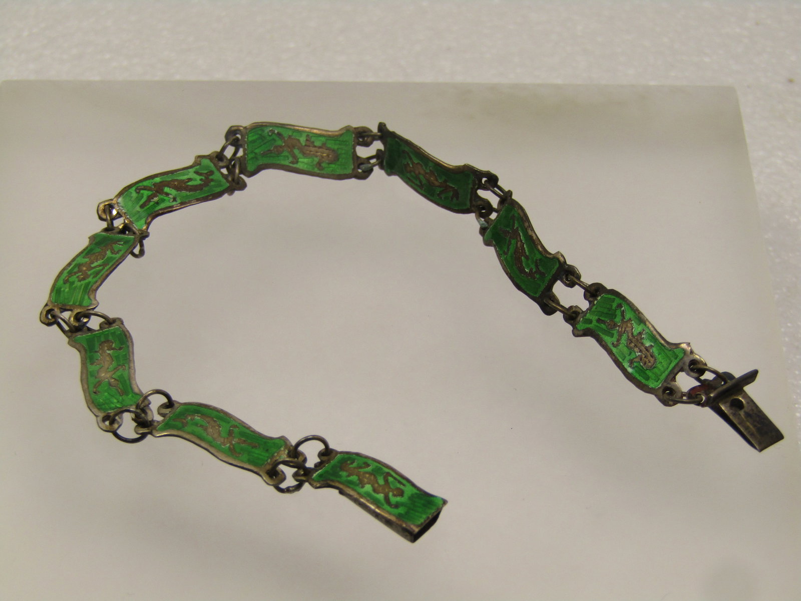 Vintage Sterling Siam Goddess Bracelet, Green Enameled Links, 7.25" 1930's-1960's - 4