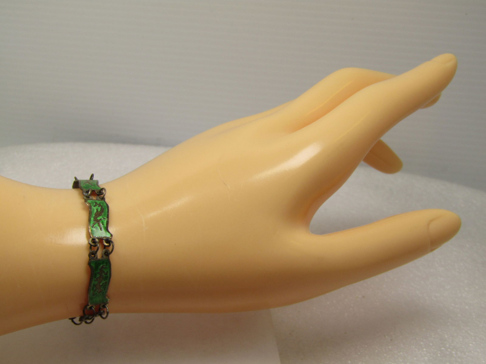 Vintage Sterling Siam Goddess Bracelet, Green Enameled Links, 7.25" 1930's-1960's - 7