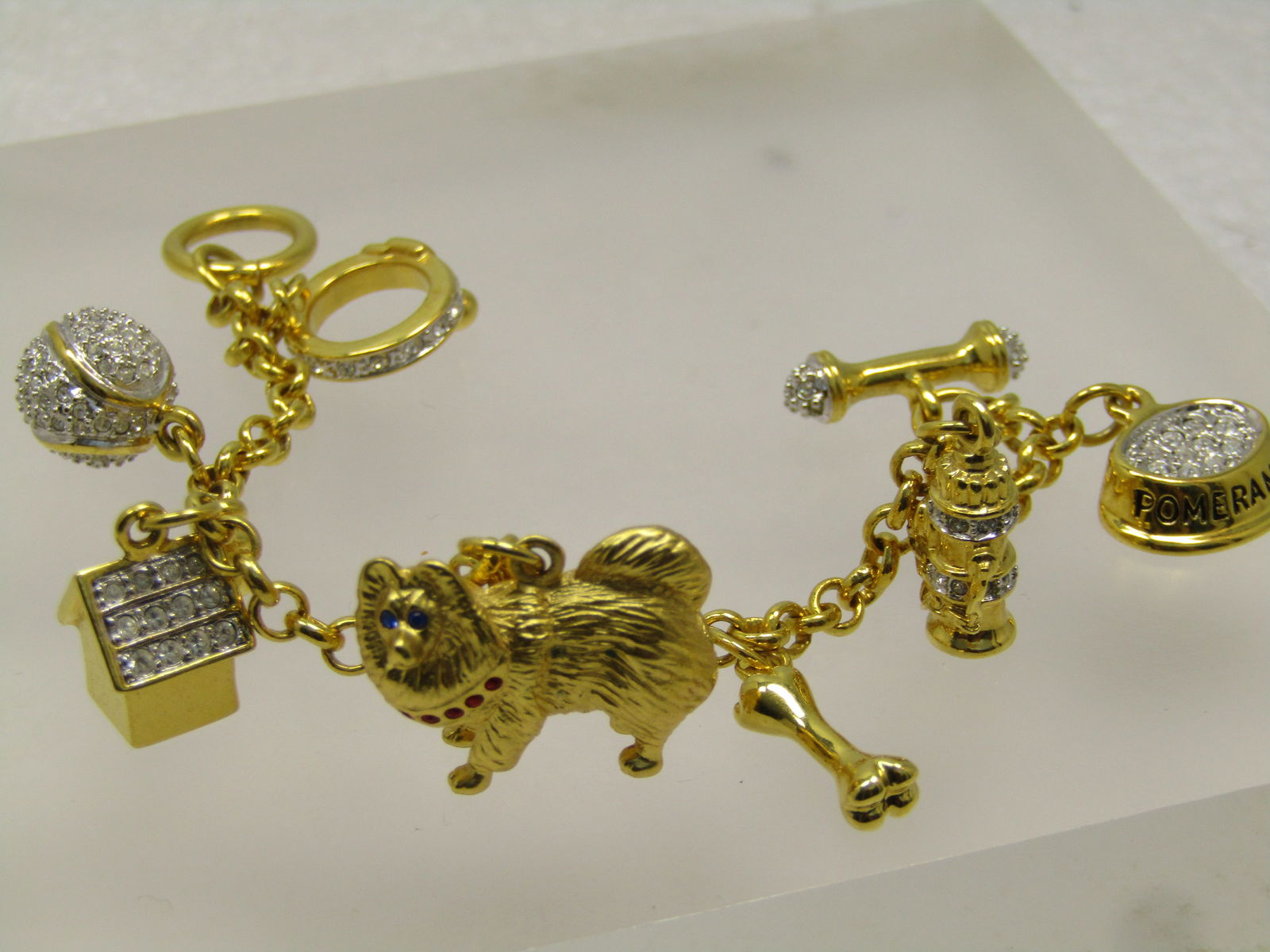 Vintage Pomeran Dog Charm Bracelet, Rhinestones, 7". 1990's, Signed - 2