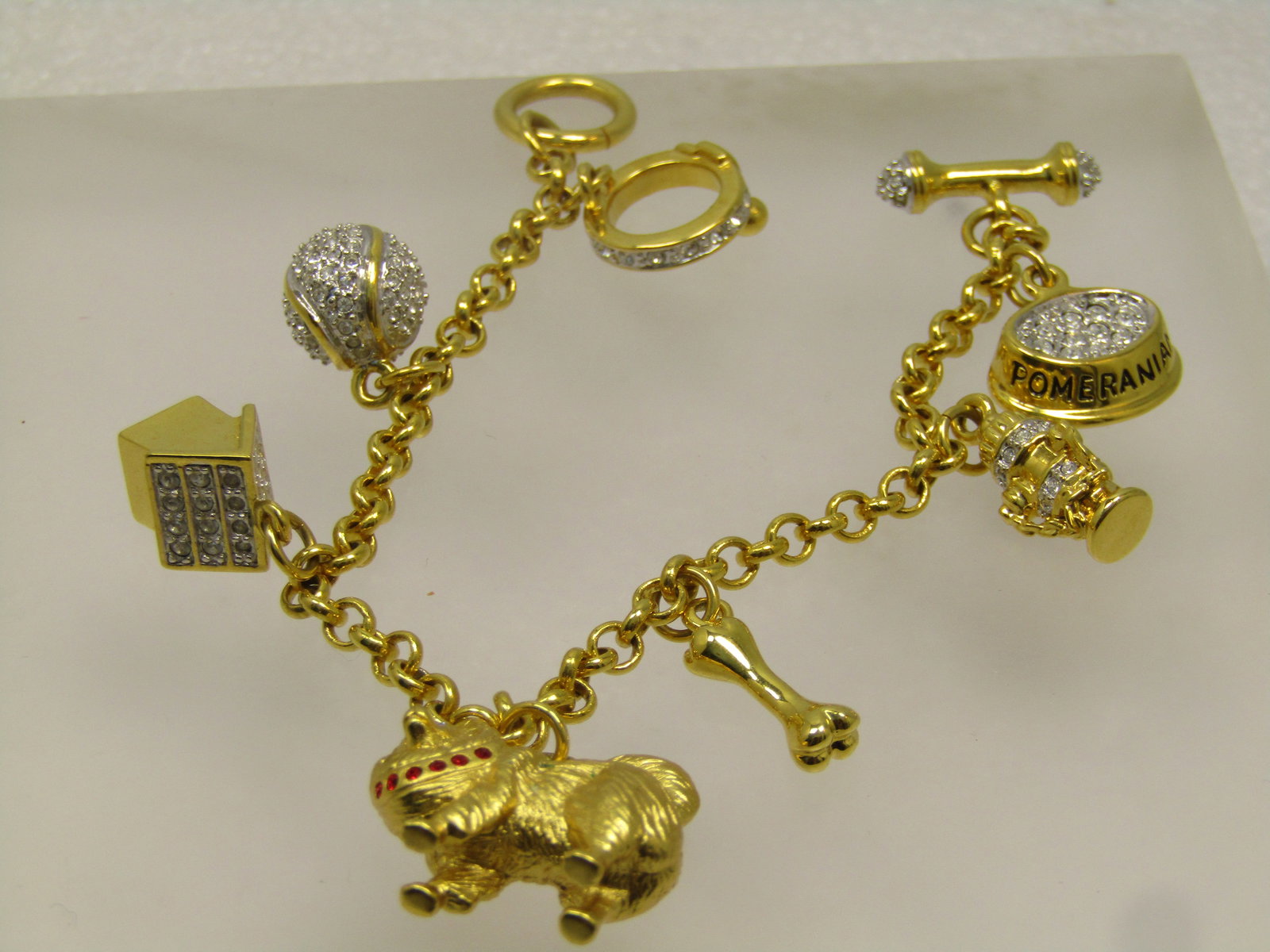 Vintage Pomeran Dog Charm Bracelet, Rhinestones, 7". 1990's, Signed - 3