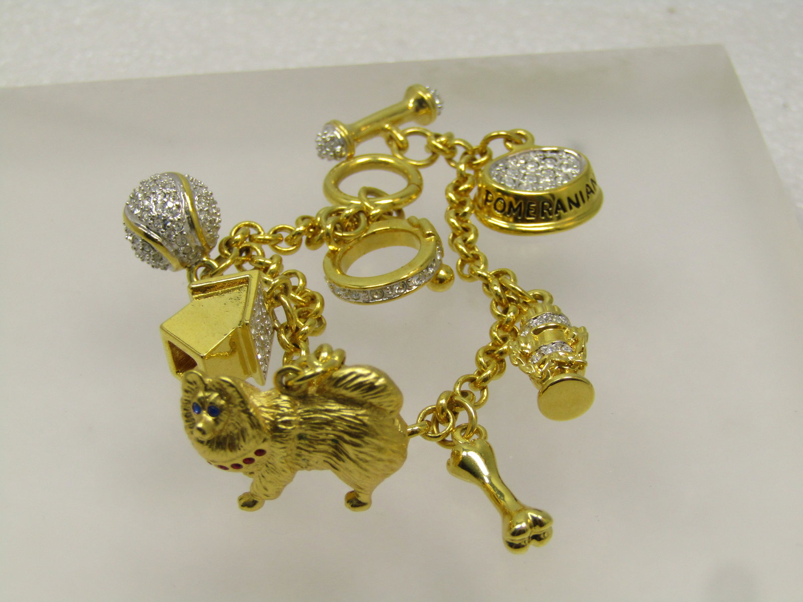 Vintage Pomeran Dog Charm Bracelet, Rhinestones, 7". 1990's, Signed - 4