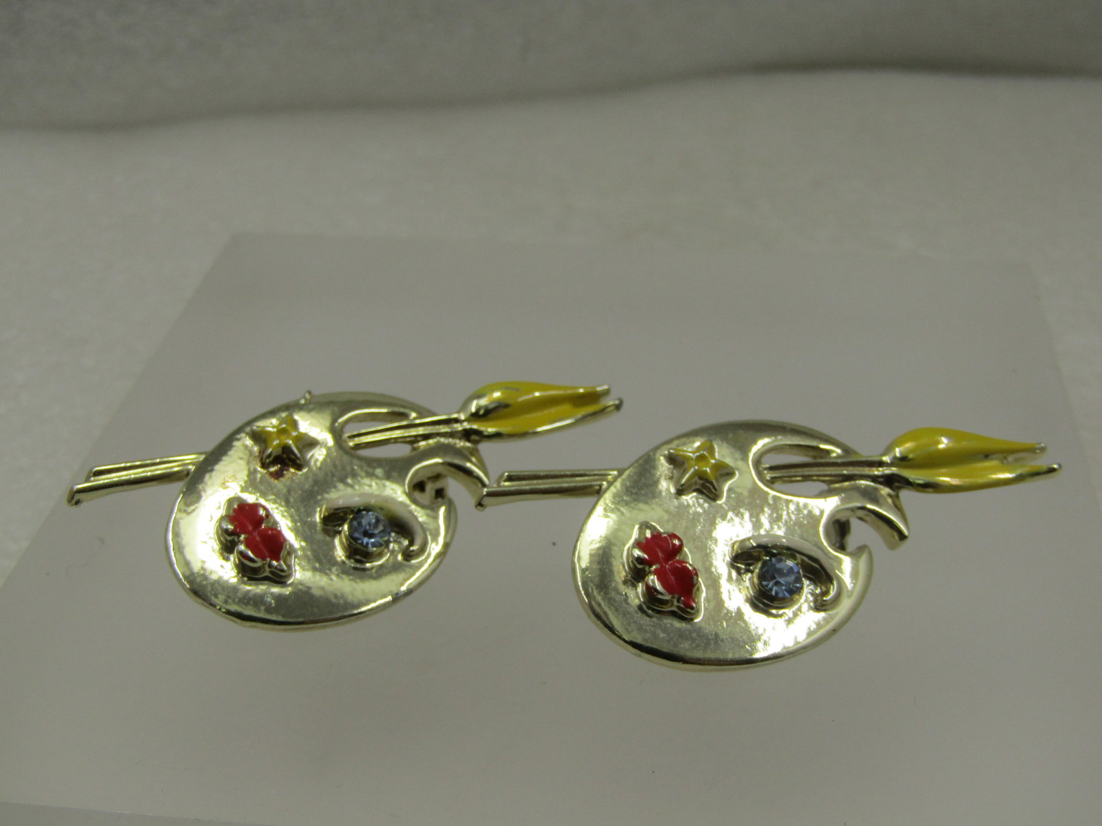 Vintage Pair of Artist's Palet Brooches, Enameled & Rhinestone, 1960's - 2