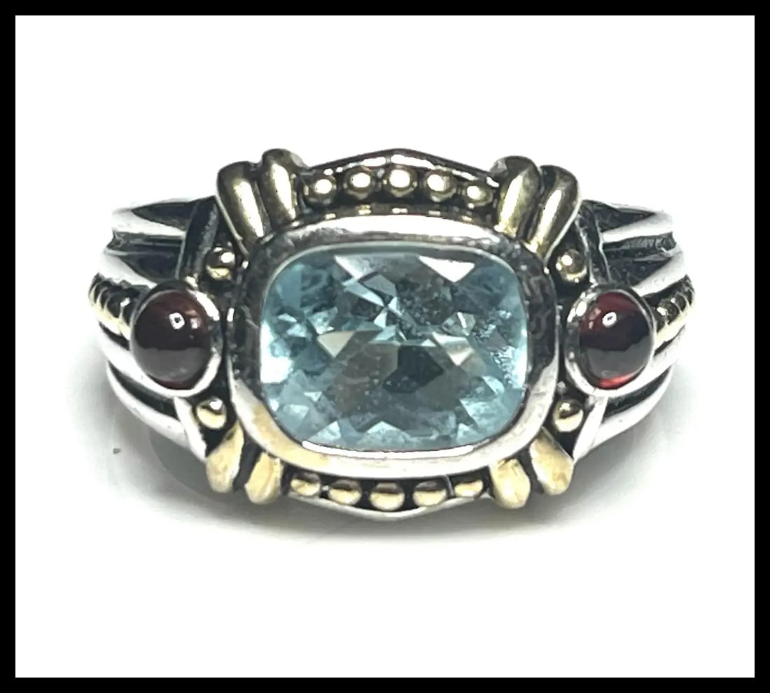 Estate Sterling Silver Blue Topaz & Garnet Cabochon Cocktail Ring - 2