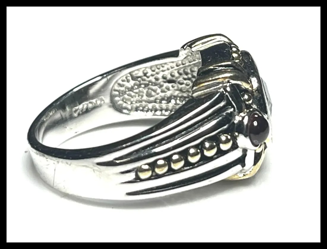 Estate Sterling Silver Blue Topaz & Garnet Cabochon Cocktail Ring - 6