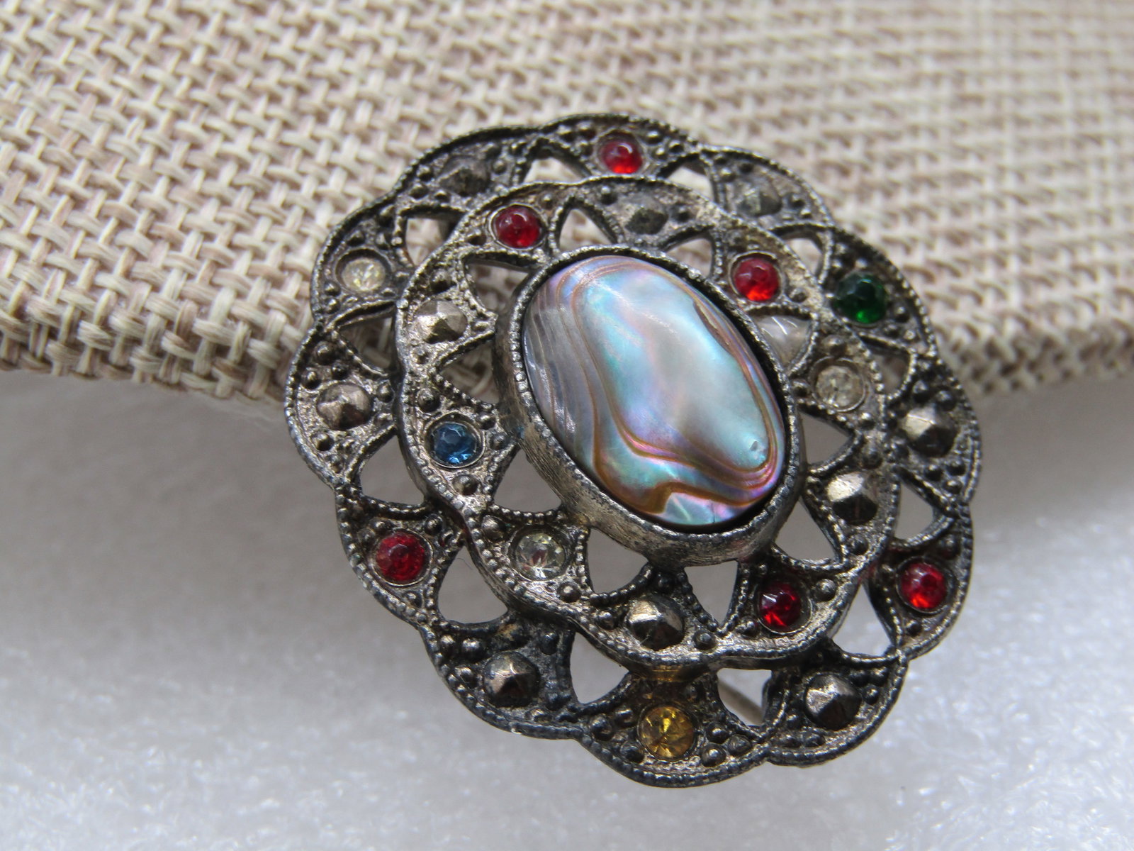 Vintage Little Nemo Abalone Rhinestone Brooch, 1930's Signed L/N - 3