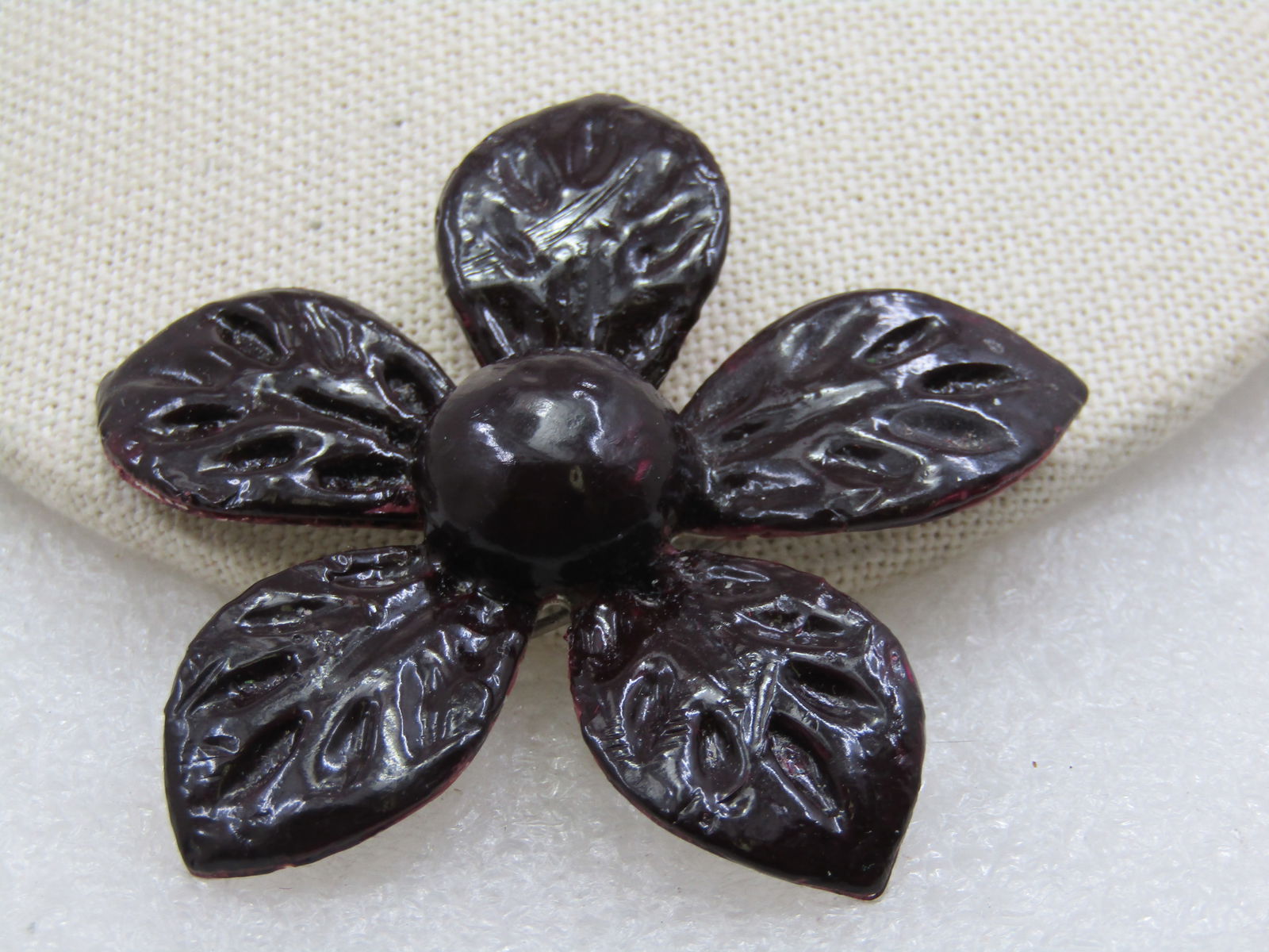 Vintage Brown Enameled Blossom Brooch Over Metal, 2.5", Mid-Century - 4