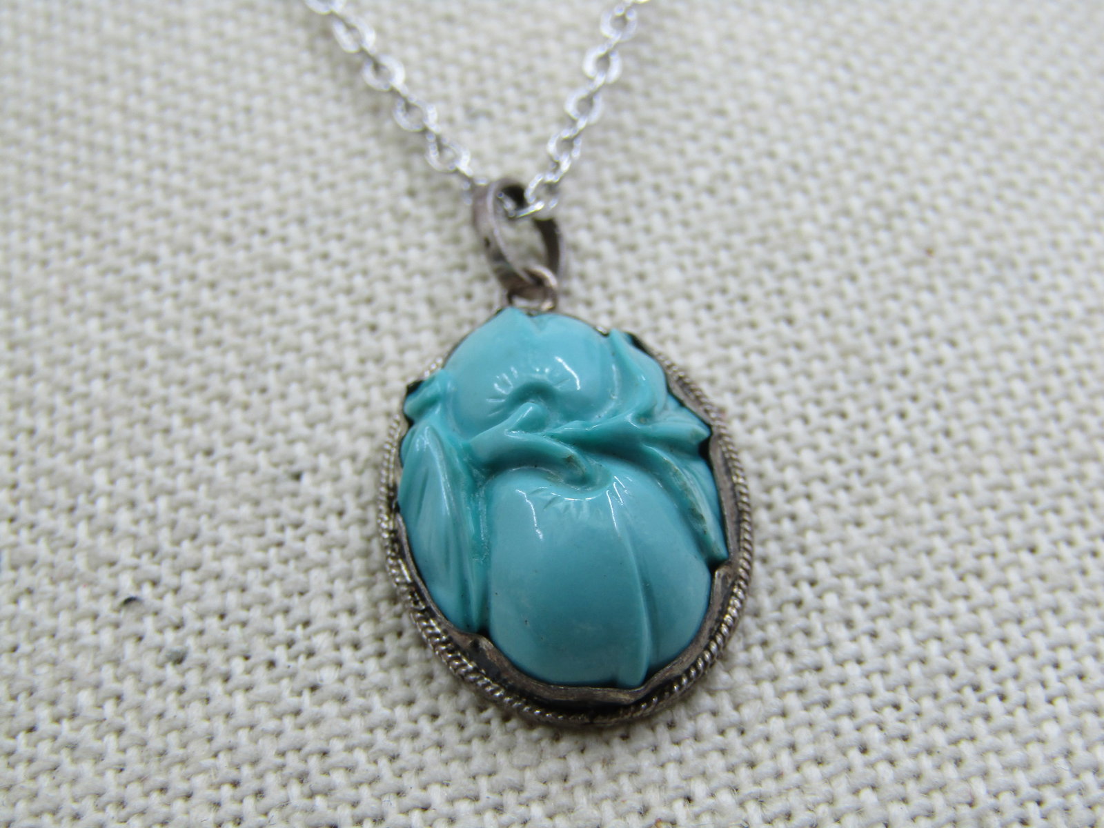 Vintage Silver Turquoise Glass Necklace with 15" Chain - 2