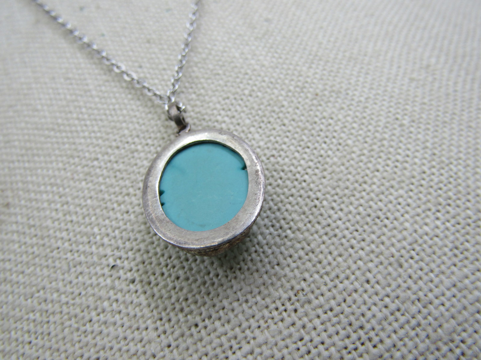 Vintage Silver Turquoise Glass Necklace with 15" Chain - 4