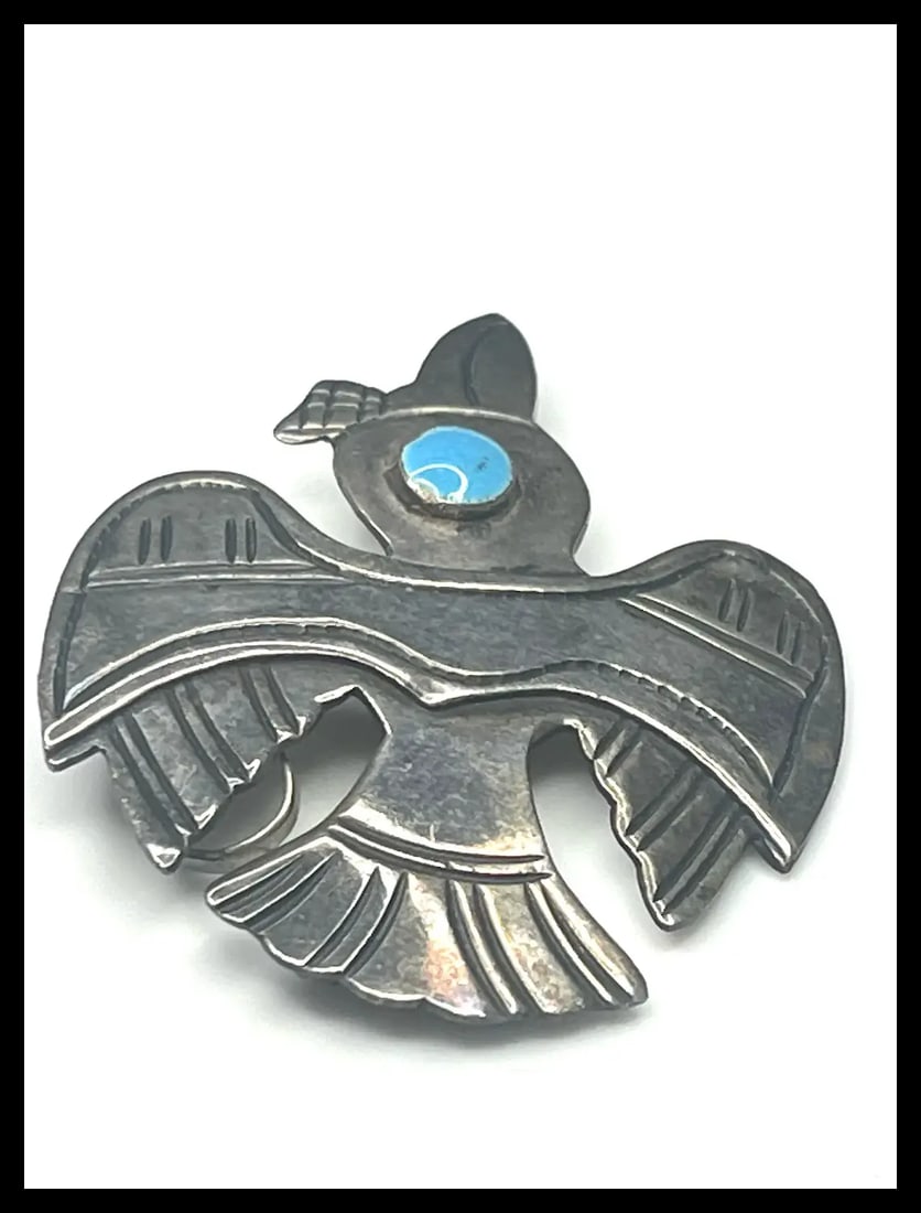 Sterling Silver Signed Old Cuzco Bird Brooch/Pendant with Turquoise Colored Enamel Eye - 3