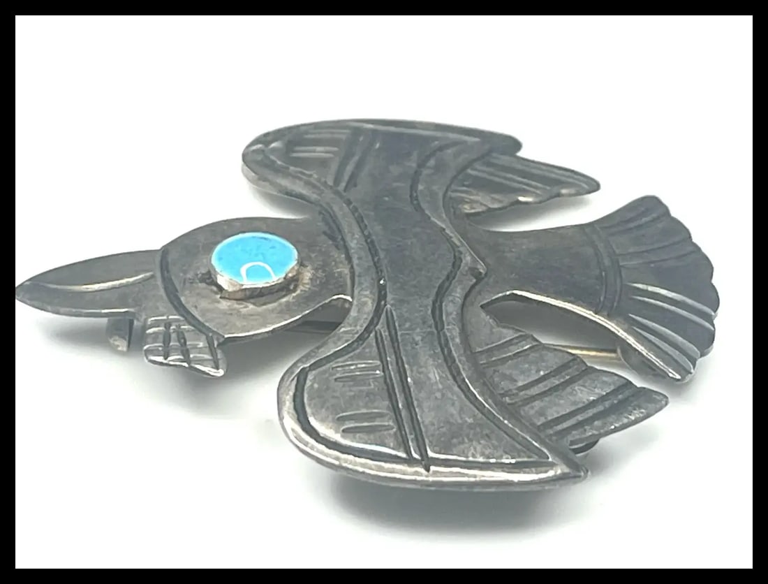 Sterling Silver Signed Old Cuzco Bird Brooch/Pendant with Turquoise Colored Enamel Eye - 4