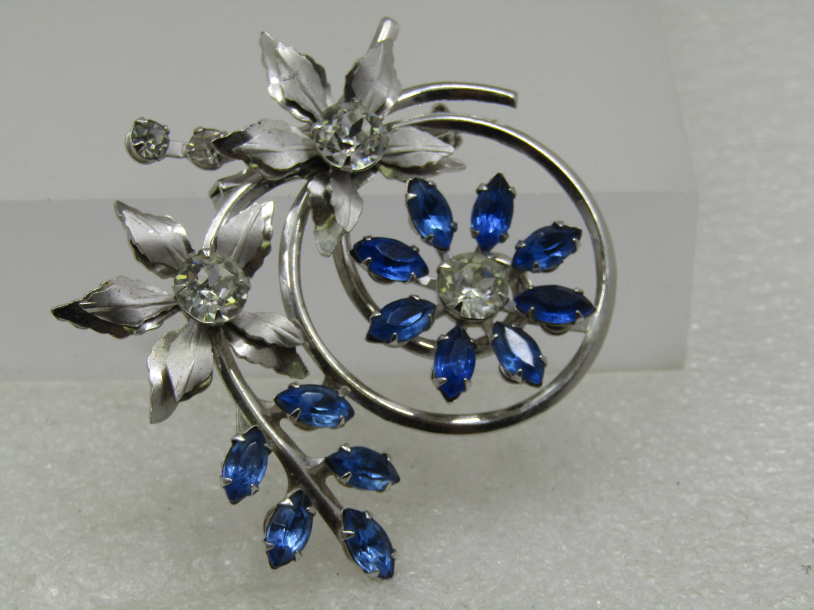 Vintage Spiral Rhinestone Floral Brooch/Pendant, Blue/Clear, 2" - 2