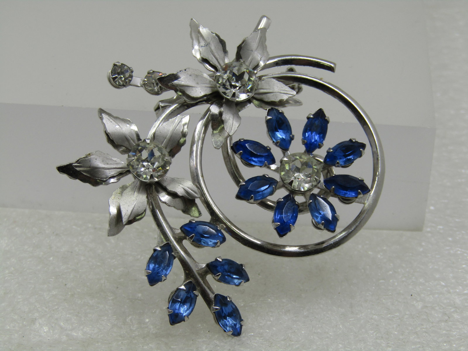 Vintage Spiral Rhinestone Floral Brooch/Pendant, Blue/Clear, 2" - 4