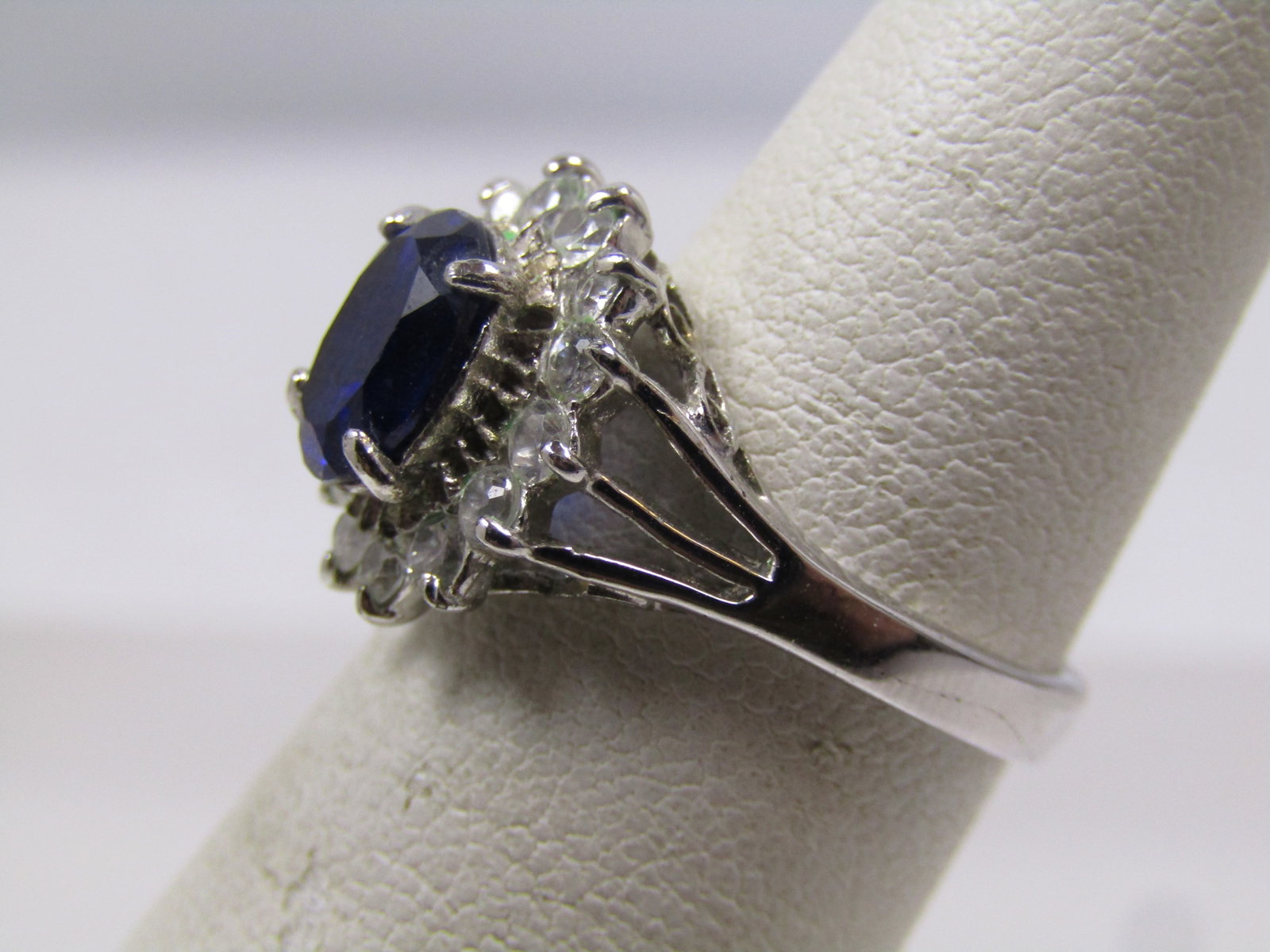 Vintage Sterling Sapphire CZ Halo Ring, Sz. 5.5, Signed Espo, 1980's - 2